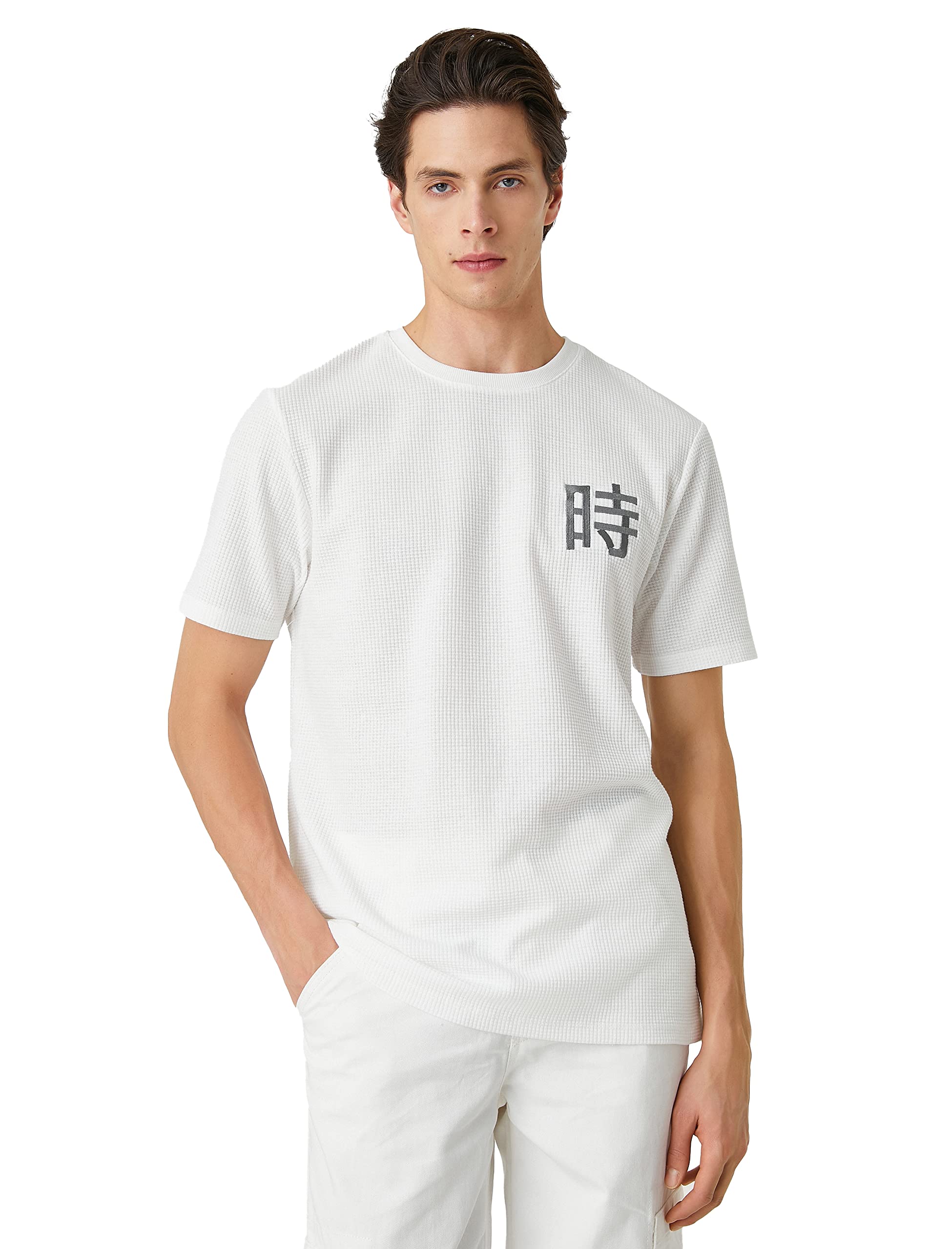Koton Men's Tissued T-Shirt Embroidered Short Sleeve Crew Neck, Ecru (021), S