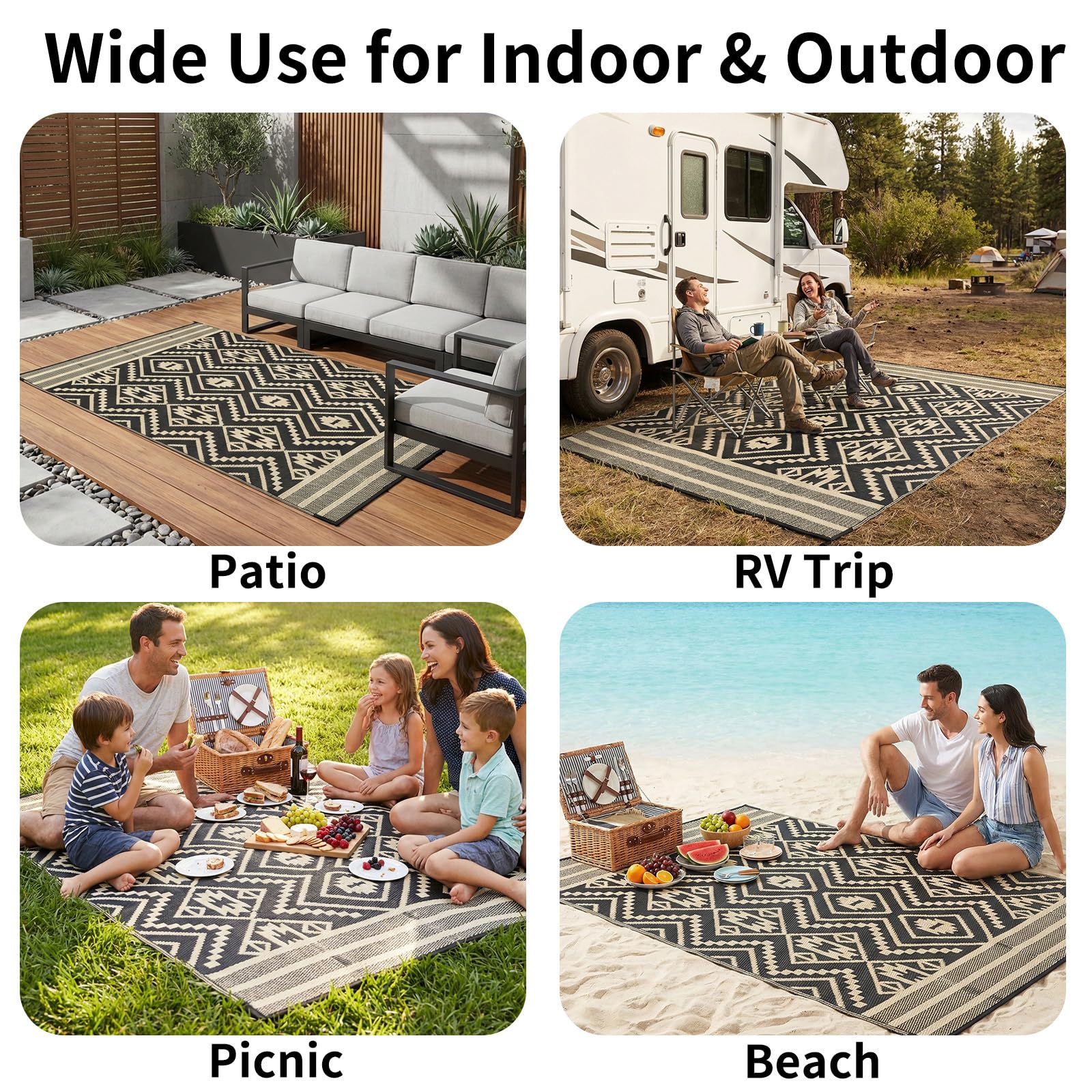 Hiseng Tapis d'extérieur Imperméable Terrasse Balcon, Rétro Bohème Tapis de Sol Réversible en Plastique Résistant aux Intempéries aux UV pour Jardin, Camping, Pique-Nique (Noir,72x108in)