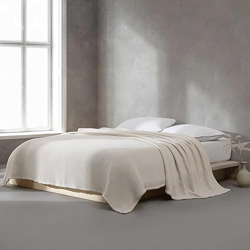 Calvin Klein - Manta Queen, decoración del hogar de algodón suave, ropa de cama de tejido de panal (blanco hueso, Queen)