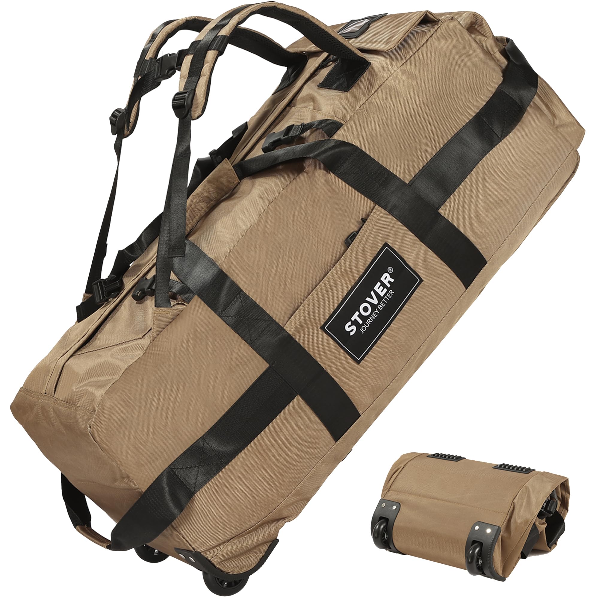 STOVER80L Rolling Duffel Bag with Wheels, Extra Large 31 Inch Durable Travel Duffle Bag- Rugged, Collapsible, Rollable Design w/Shoulder Straps- Use as Luggage or Backpack for Men/Women, Tan, 80L