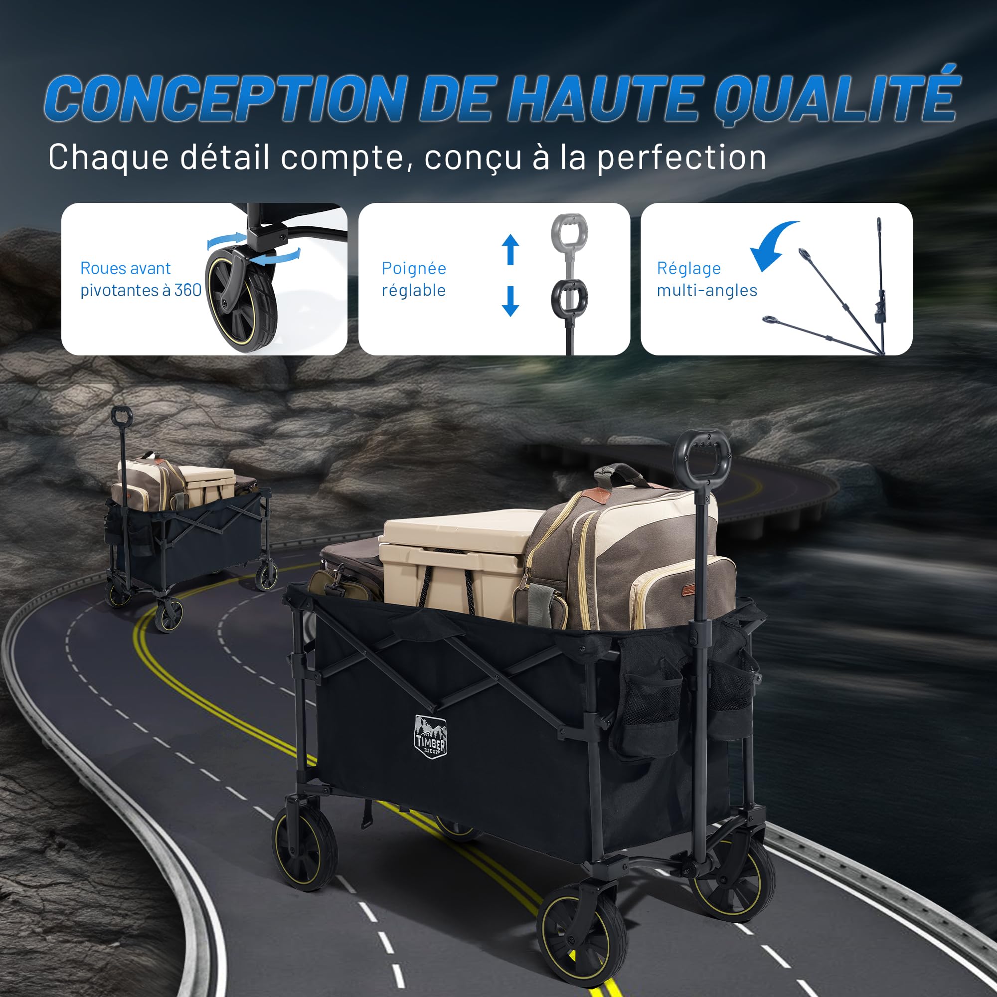 TIMBER RIDGE Chariot Camping Pliable 200L avec Porte-gobelet Poignée Réglable Chariot de Jardin pour Tous Les Terrains Extérieur Camping Shopping Pêche Charge Max 150kg