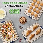 NutriChef Kitchen Oven Baking Pans - Deluxe Nonstick Gold Coating Inside & Outside Carbon Steel Bakeware Set with Blue Silicone Handles, Durable & Reliable Cookie Sheet Oven Pan Style