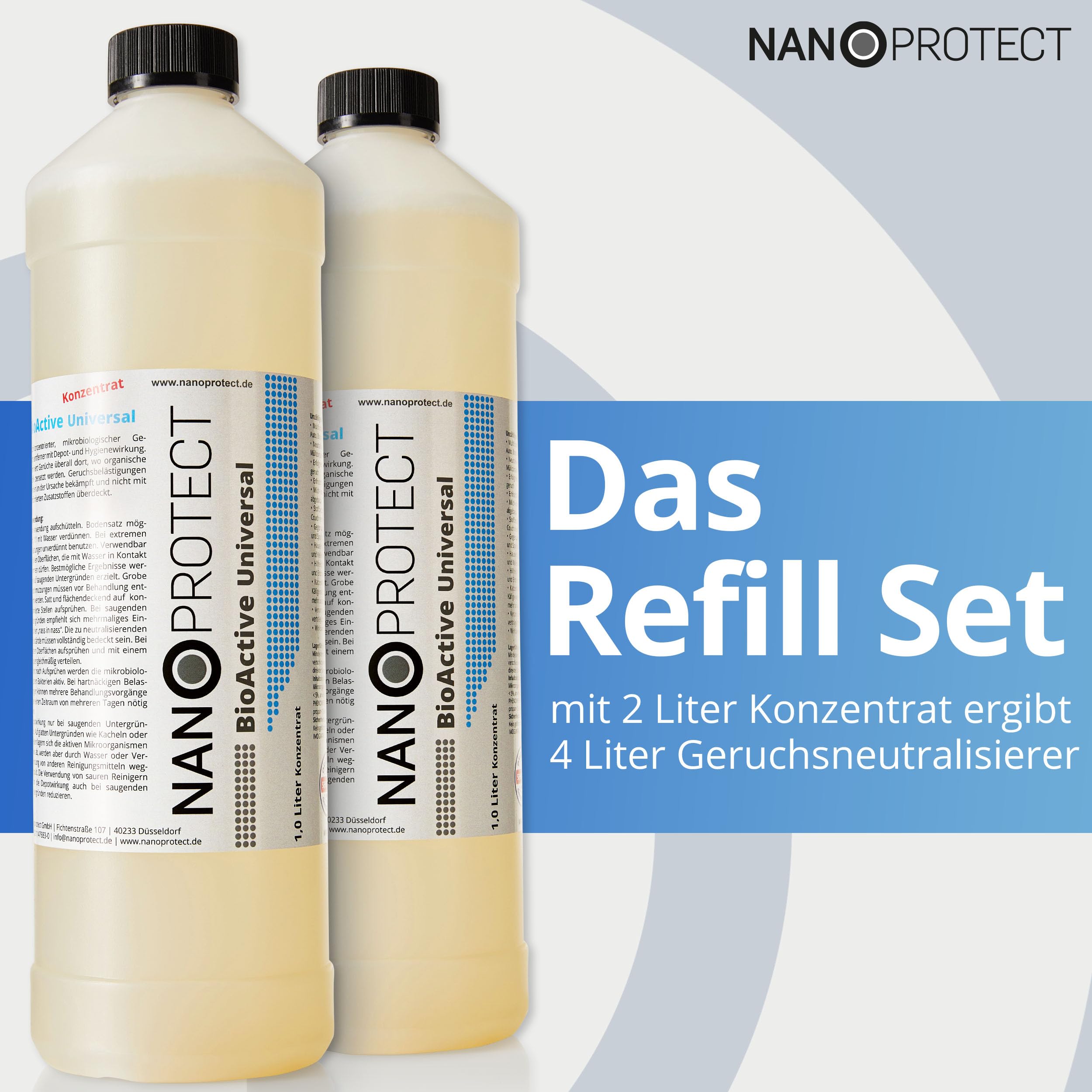 Nanoprotect BioActive Universal Geruchsneutralisierer | Biologischer Geruchsentferner und Textilerfrischer mit Wirkbeschleuniger | 2x1 Liter Konzentrat Refill Set