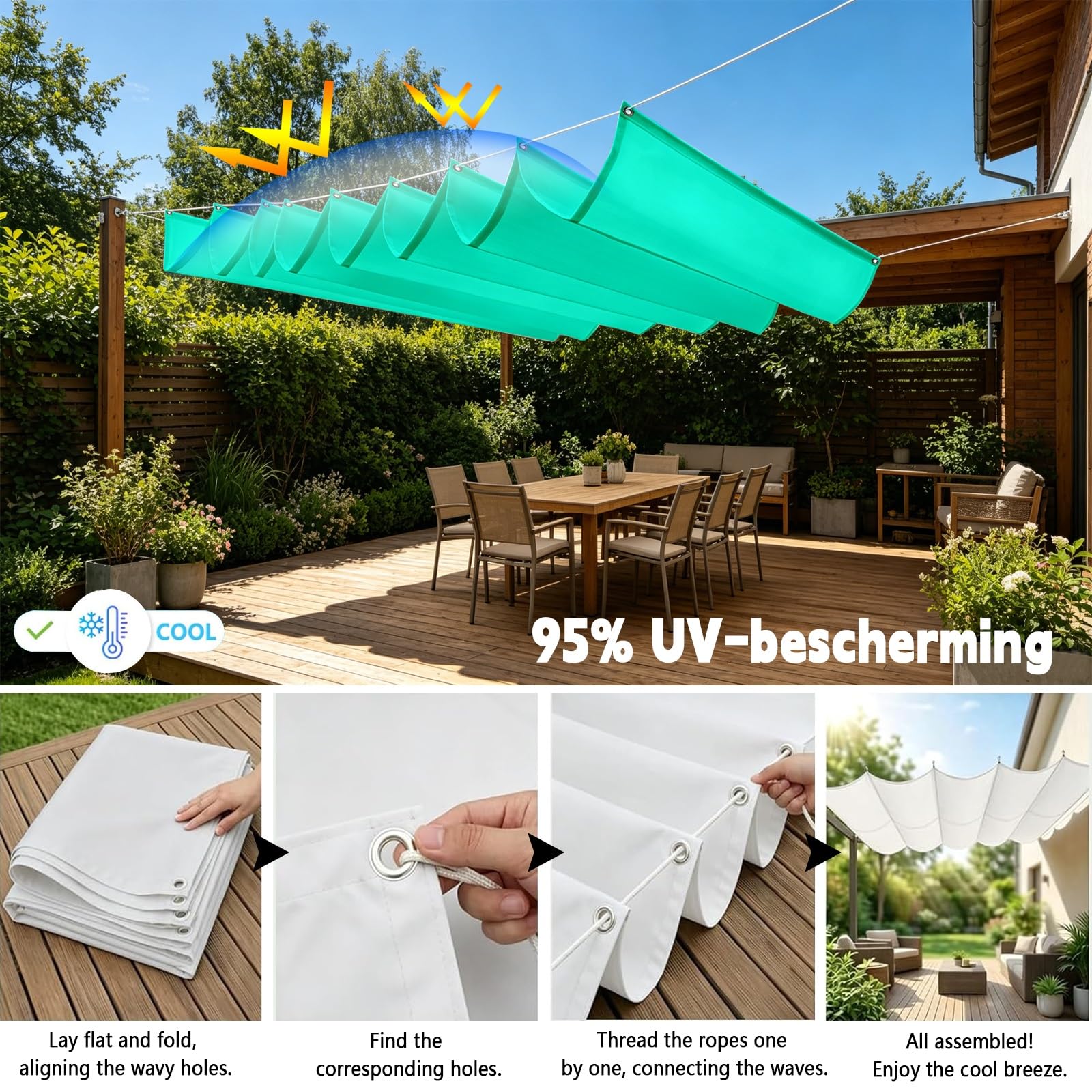 Toldo Retráctil Ondulado 1.2 x 8 m con Ojales y Cuerda, Vela Sombra Impermeable y Rectangular con Bloqueo UV y Resistencia a Desgarros para Jardín Porche Patio Barbacoa, Azul Cielo