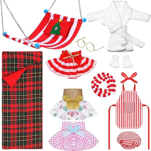 Juego de 12 piezas de ropa de elfo de Navidad para elfos, incluye ropa de muñeca de elfo, bata de baño, saco de dormir, bufanda, delantal y calcetín