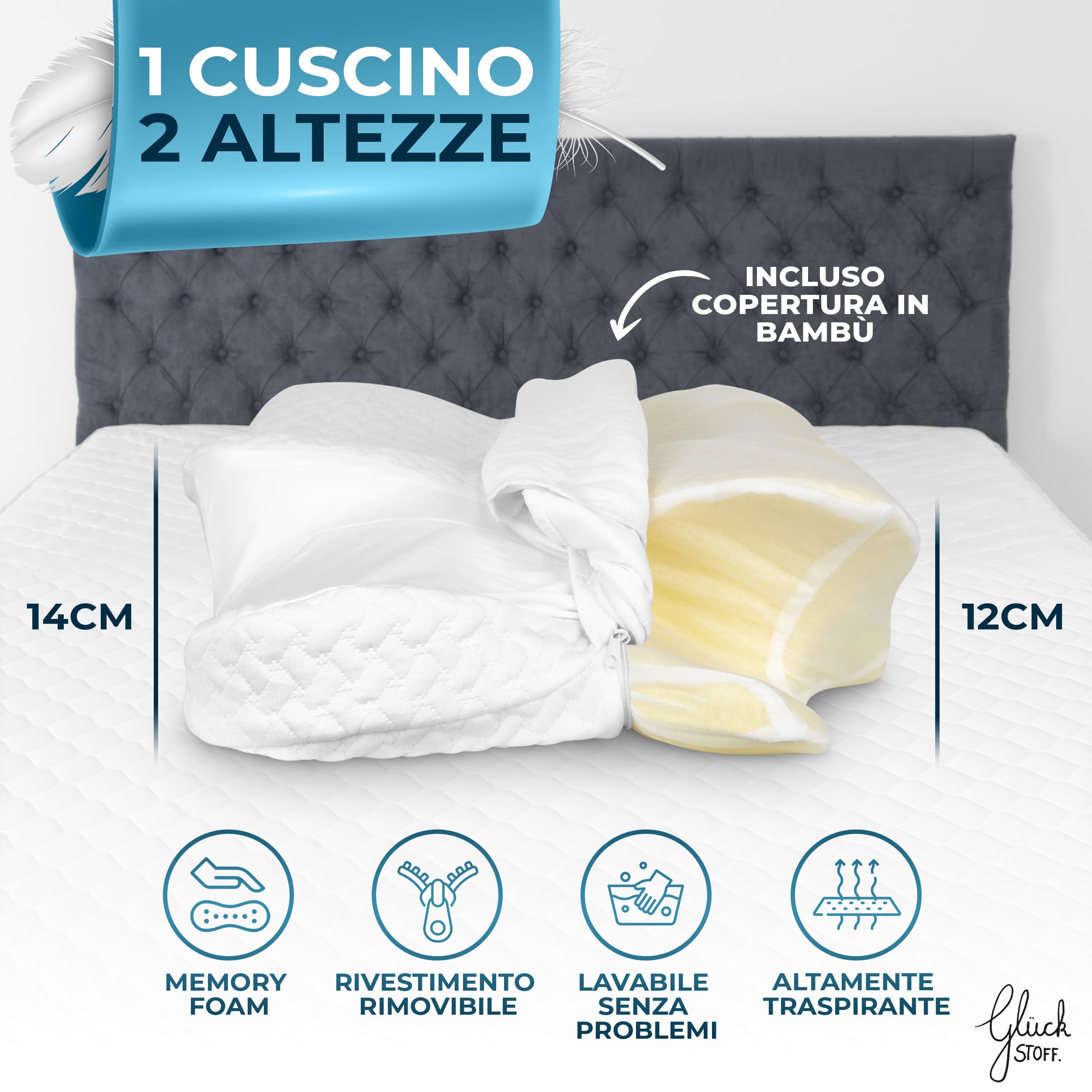 Glückstoff® Cuscino Per Cervicale [PER TUTTI I TIPI DI SONNO] - Cuscino Cervicale Per Dormire - Cuscini Ortopedico & Ergonomico Memory Foam - Morbido Cuscino Posturale Antirussamento - Neck Pillow