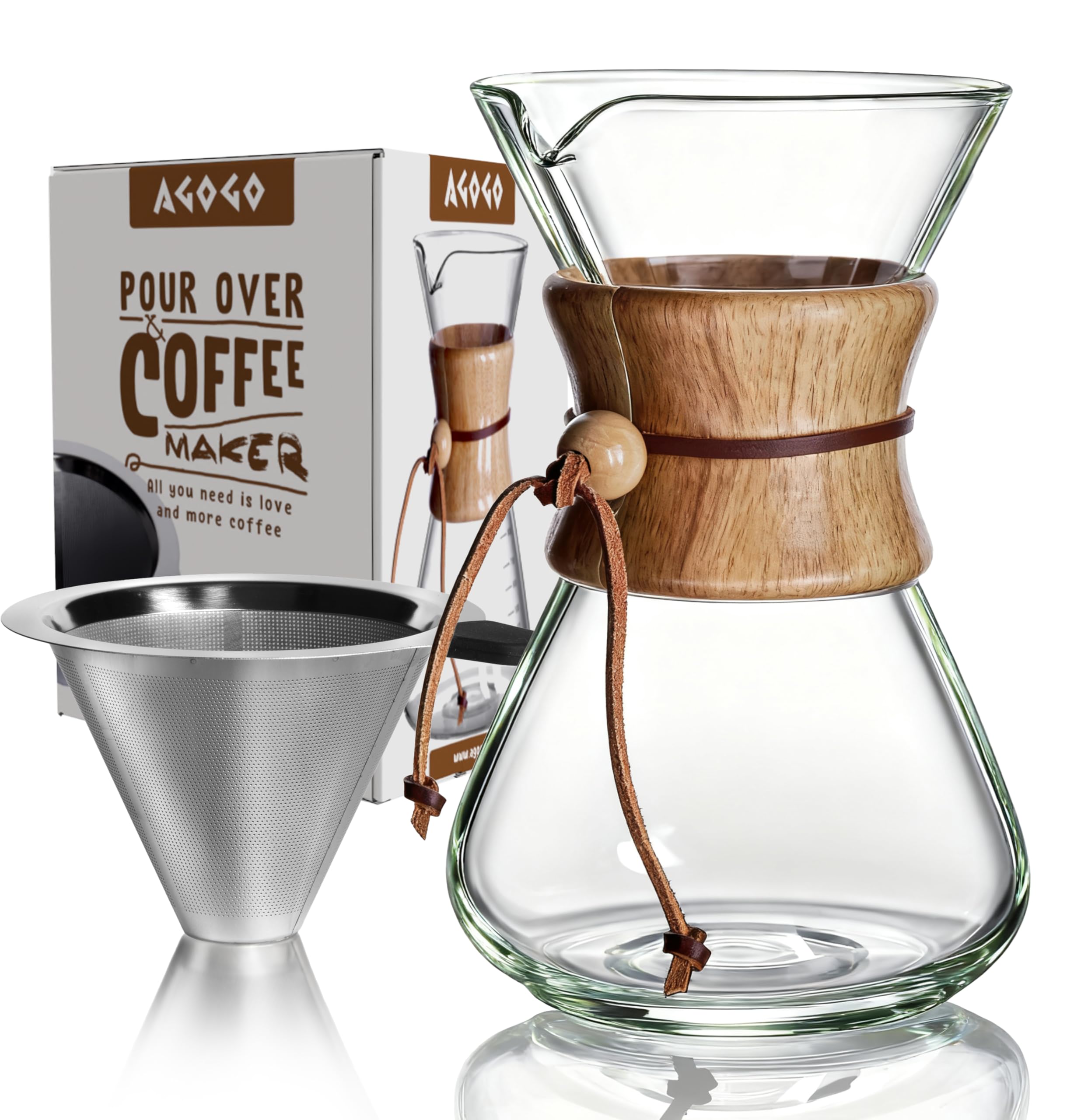 AGOGO Pour Over Coffee Maker Glass - 6/8/10 Cup Barista Kit with 304 Stainless Filter for Home, Office, Camping, Cafes - Easy Clean Coffee Dripper Set (Rag&Brush Included) (8 Cup/28 oz-Slim Shape)