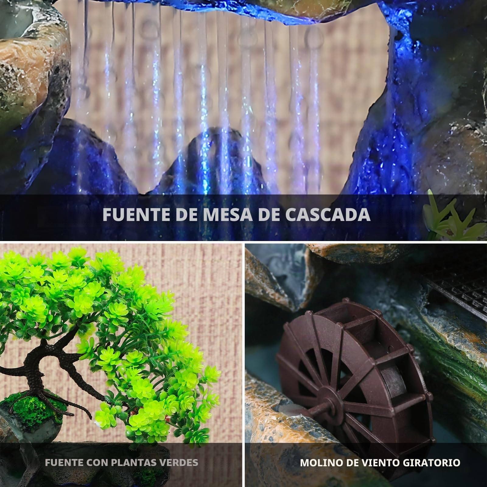 Fuente de planta verde, mesa de iluminación LED con cambio de color, fuente Feng Shui con ruedas, para sala o oficina, limpia el aire (15 x 18 x 30 cm)