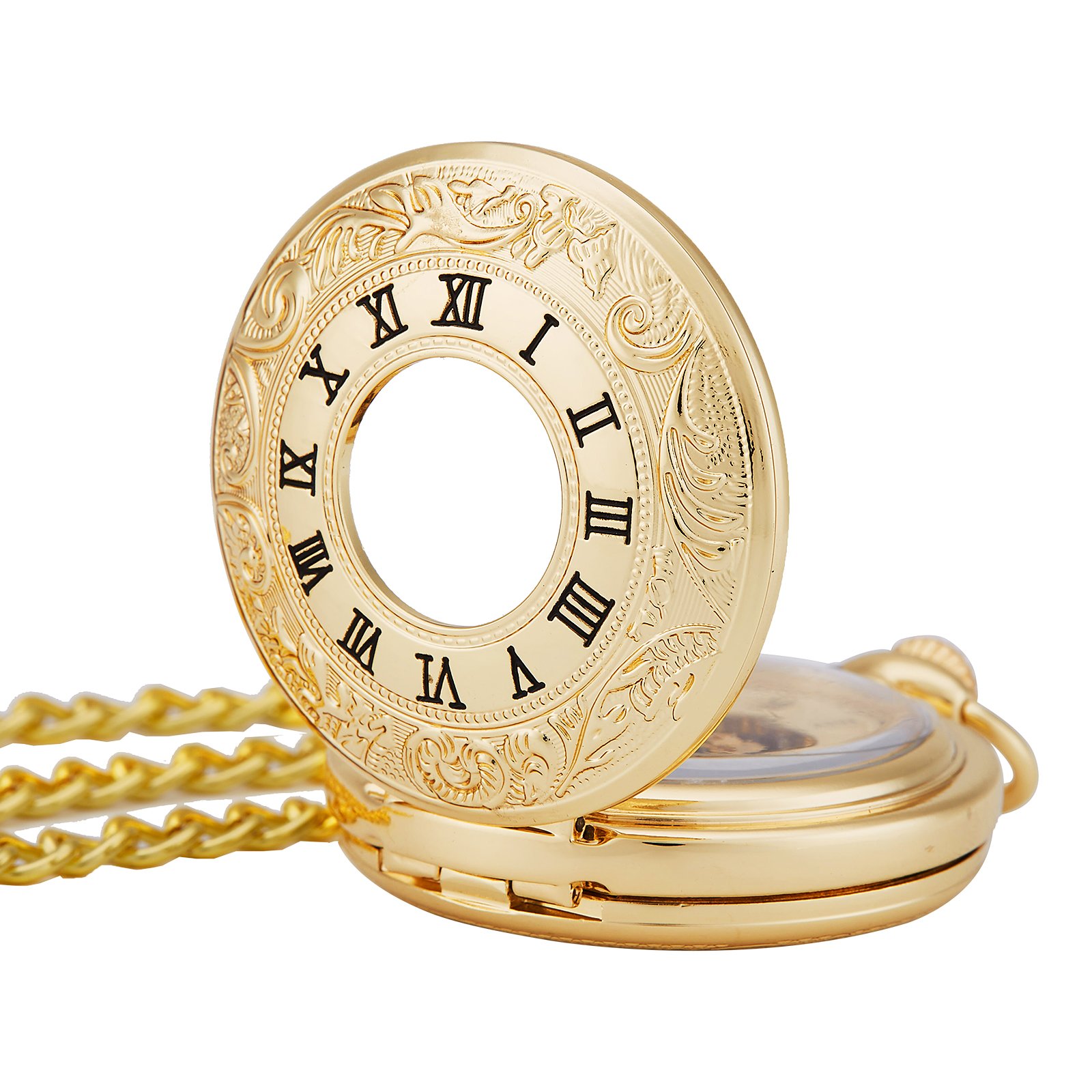 TREEWETO Unisex Taschenuhr mit Kette Analog Handaufzug Doppelscharnier Römische Ziffern Gold/Silber