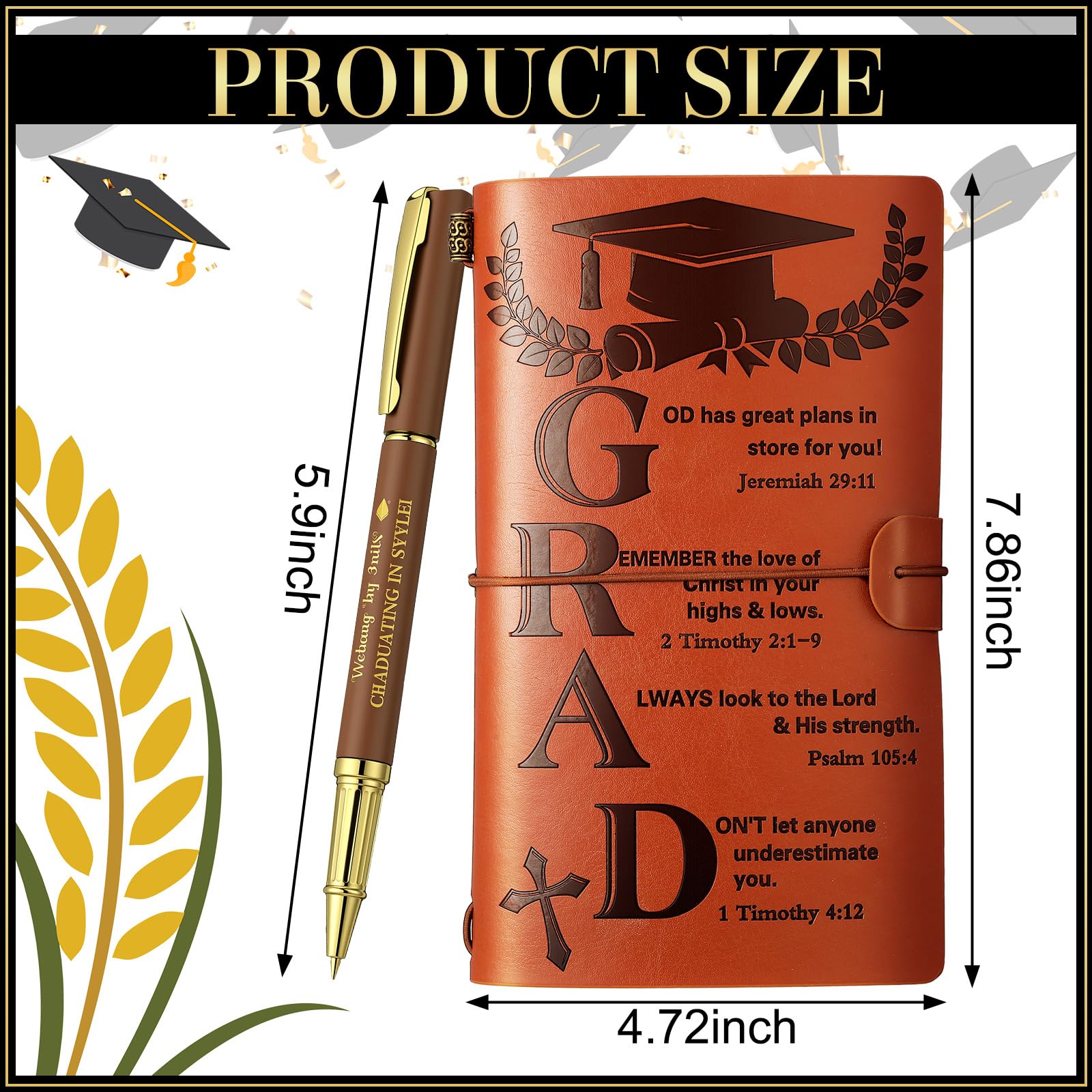 2Pcs Christian Graduation Leather Notebook Pen 120 Pages Bible Verses Inspirational Notebook Graduation Christian Gifts 2026 High School College Congratulations Grad for Women Men(Brown)