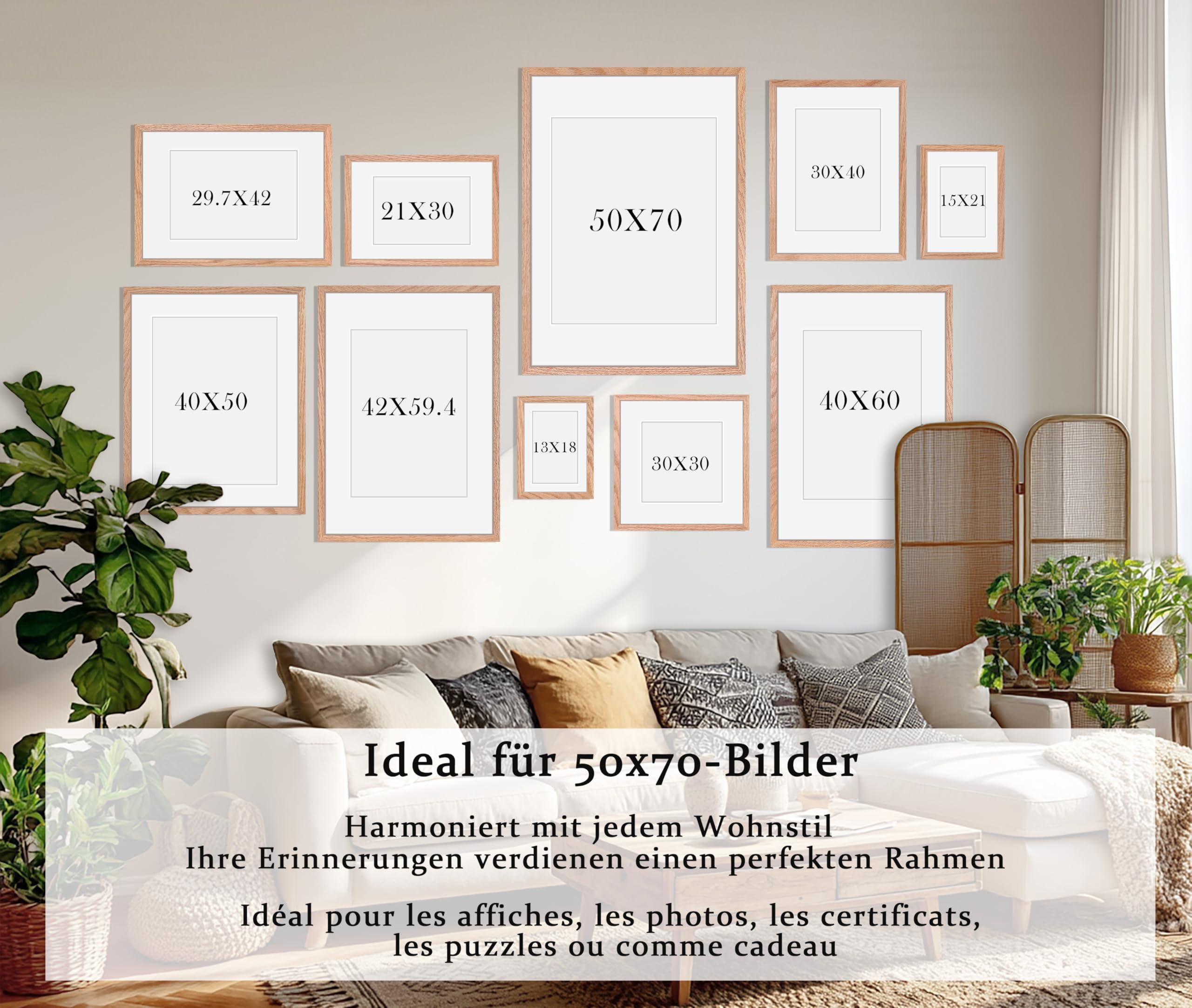 HIMEETIME® 2x Bilderrahmen für 50 x 70 cm Natur Holz Eiche Dünner Rahmen,Picture Frame 50x70cm,Großer DIY-Collage-Rahmen mit Folienabdeckung – Nur zur Wandmontage