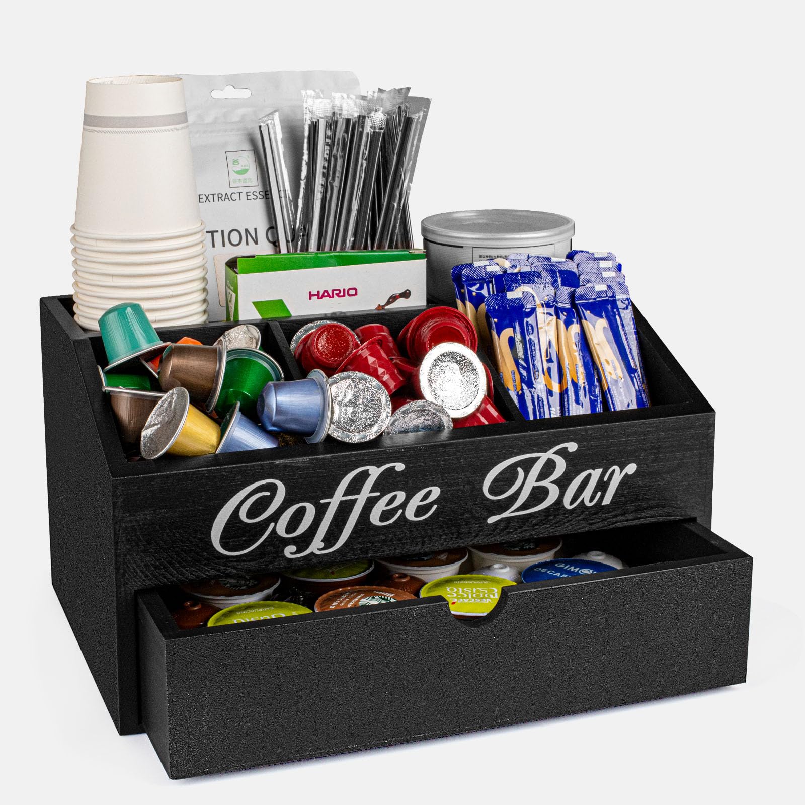 Porta Cialde Caffe Porta Capsule Caffe,Portacialde da Caffè | Porta Tisane in Pineta con 1 Cassetto per Organizzare Capsule, Cialde,Tisane,Zucchero,Cannucce,Bicchierini da Caffè (Nero)