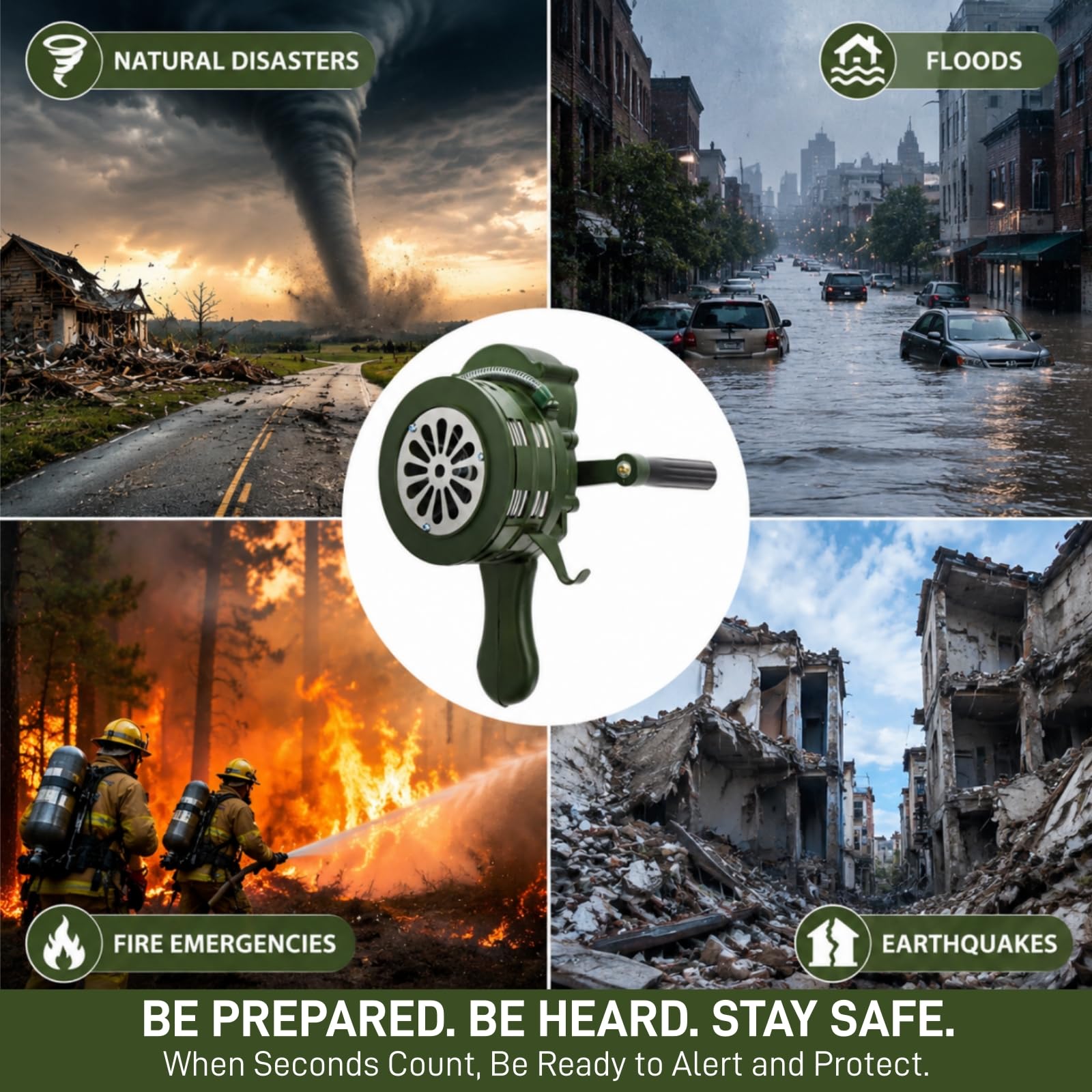 Klaxon de sirène à manivelle - 110 dB - Sirène manuelle de sécurité d'urgence - Portable en métal - Alarme incendie pour auto-protection, maison, extérieur - Vert