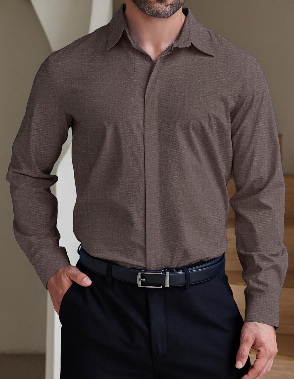 COOFANDY Men's Formal Dress Shirt Hidden Button Front Wrinkle Free Shirt Regular Fit Stretch Business Casual Shirts - Image 2