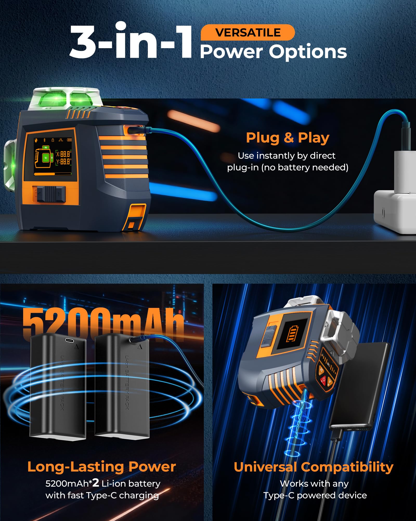 Niveau laser 360 autonivelant CIGMAN à commande gestuelle, laser vert 30 m pour laser chantier, contrôle lignes & luminosité par gestes, mode stroboscopique, Bluetooth APP, 2 batteries Li-ion pour lon