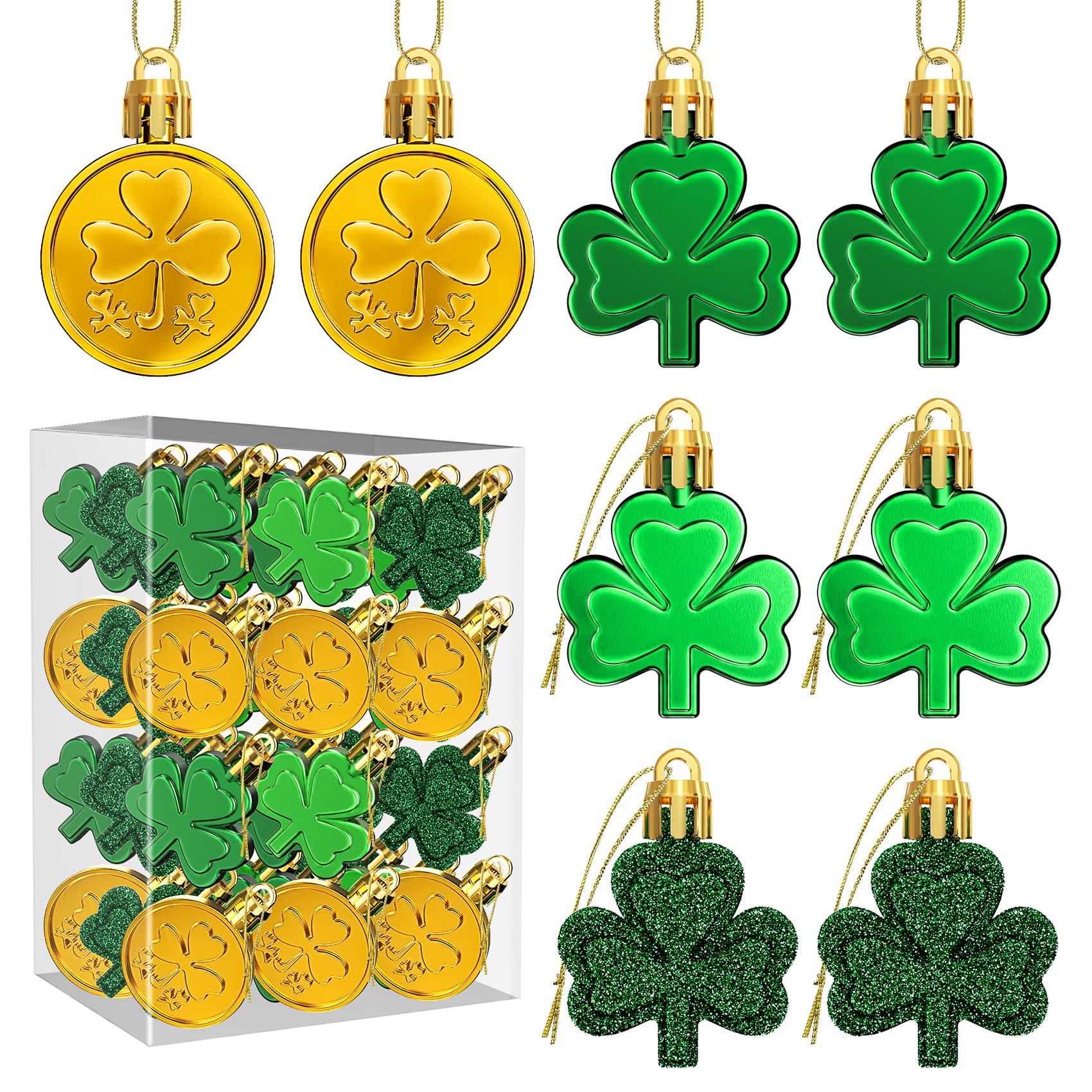 36Pcs St Patricks Day Decorations, Shamrock Ornaments Hanging Clover Gold Coins Baubles Green Trefoil Good Lucky St Patricks Day Ornaments for Tree Spring Home Irish Festival Party Supplies