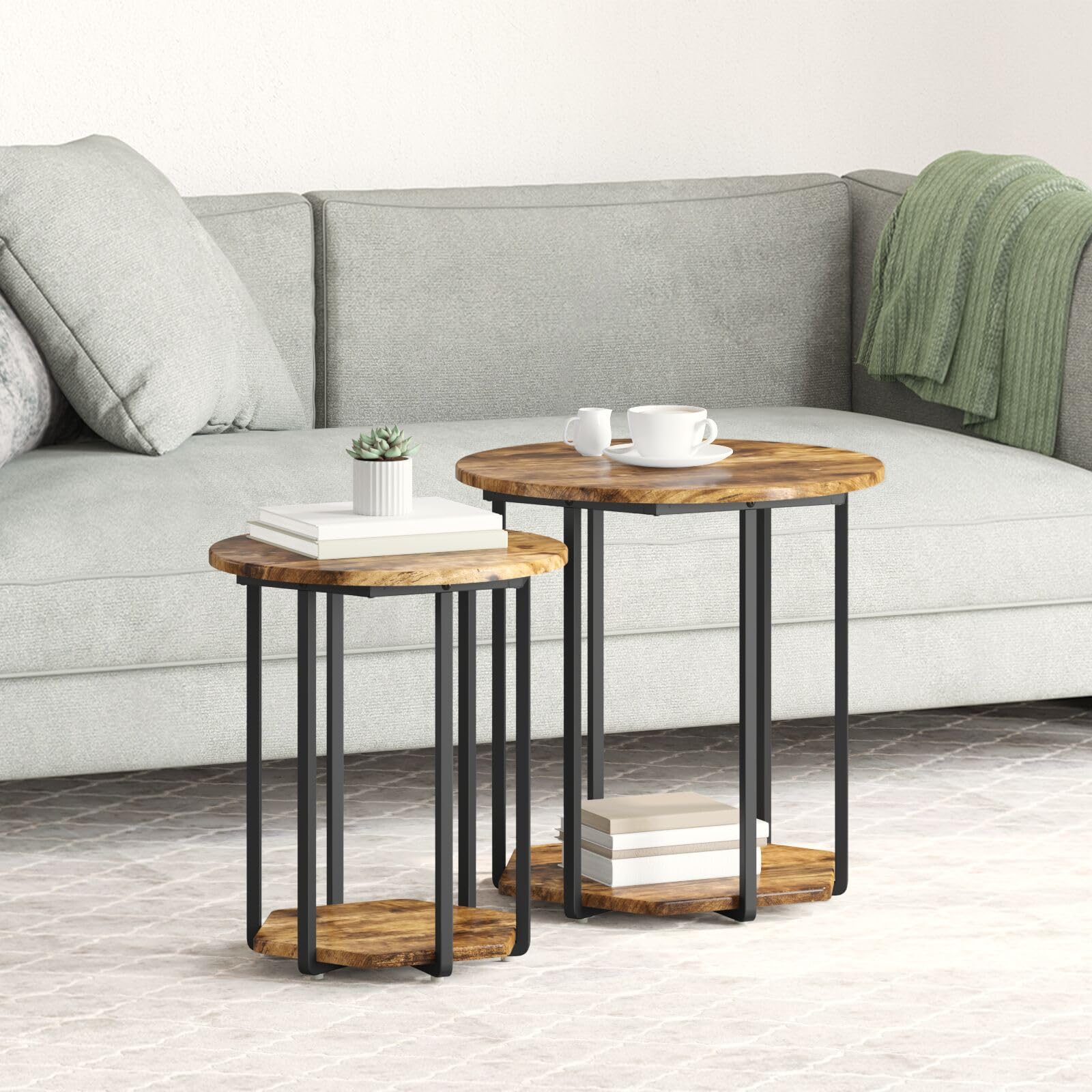 SXZenSpace 869716 Side Table 2 pcs Smoked Oak Engineered Wood and Metal - Modern Nightstand End for Home Bedroom Living Room Easy Assembly Hallway Coffee
