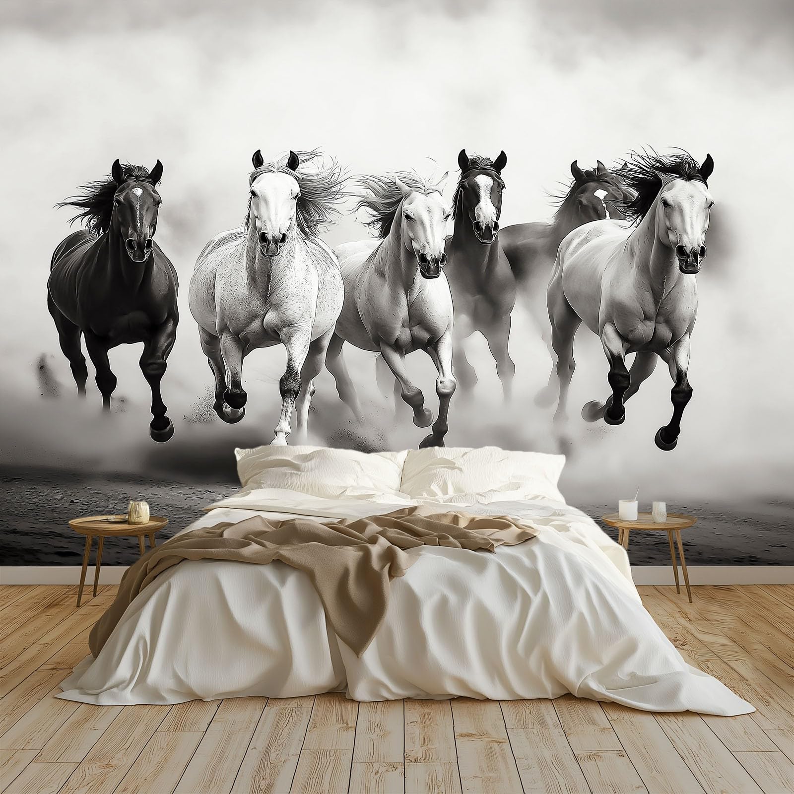 Papel pintado panorámico desierto estampado animal caballo, foto mural moderna 400An x 280Al cm - Papel pintado decoración hogar blanco y negro para salón habitación habitación infantil oficina