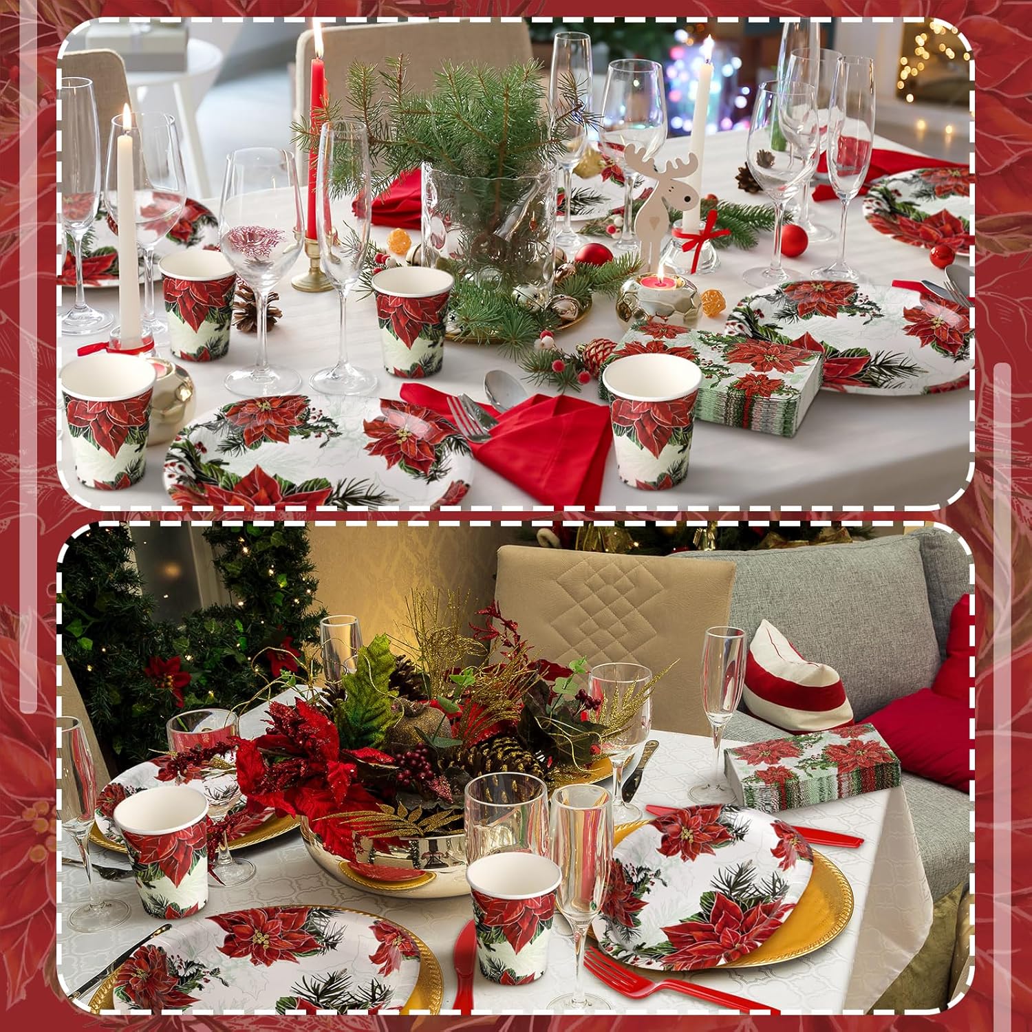 Umigy 350 Pcs Christmas Oval Paper Plate and Napkin Christmas Paper Dinnerware Set for 50 Guests Vintage Tableware Disposable Cup Knife Fork Spoon for Xmas Holiday Party Supplies(Red,Poinsettia)