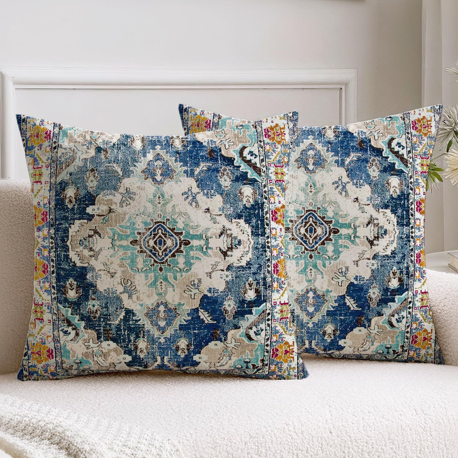2er Set Kissenbezug 45x45 Cm – Boho Ethno Blumenmuster, Leinen-Optik, Mit Unsichtbarem Reißverschluss
