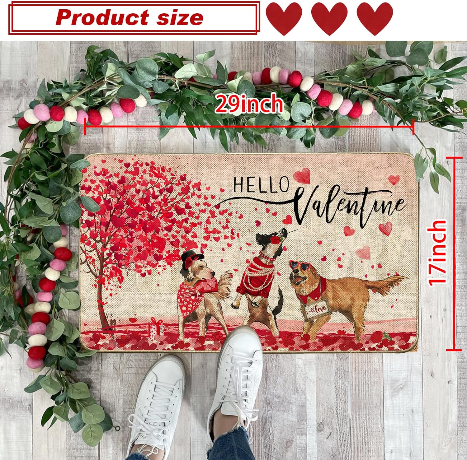 Baccessor Hello Valentines Day Dog Doormat,Red Love Heart Tree Funny Golden Retriever Outdoor Doormat Mat Non Slip Rubber Backing Entrance Seasonal Indoor Front Kitchen Decoration 17 x 29 Inch