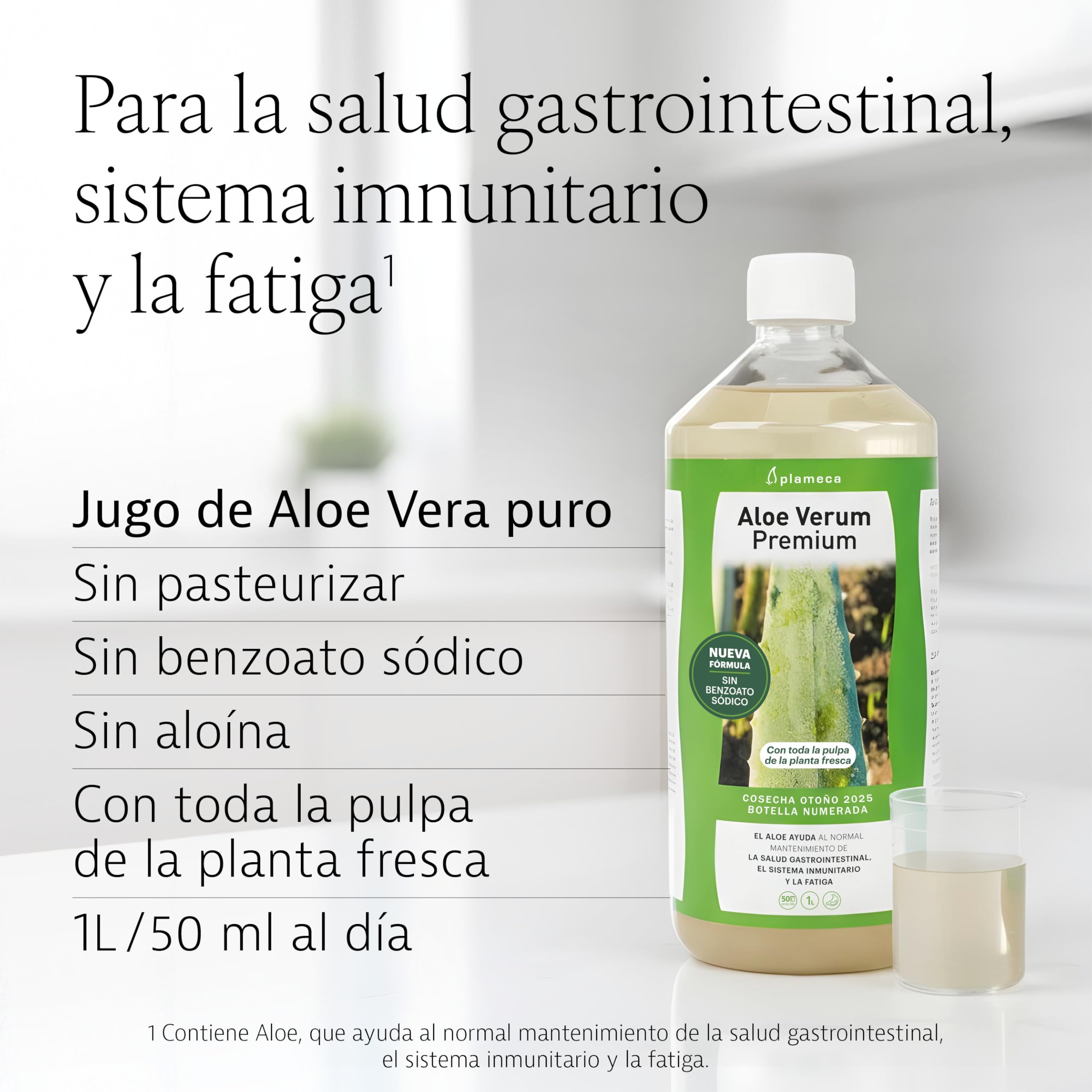 PLAMECA - Aloe Verum Premium, Aloe Vera Bebida, Jugo, Zumo, Sin Pasteurizar, Sin Edulcorantes, en Frío, Ayuda a la Salud Gastrointestinal, el Sistema Inmunitario y ante la Fatiga, Sabor Puro - 1 L