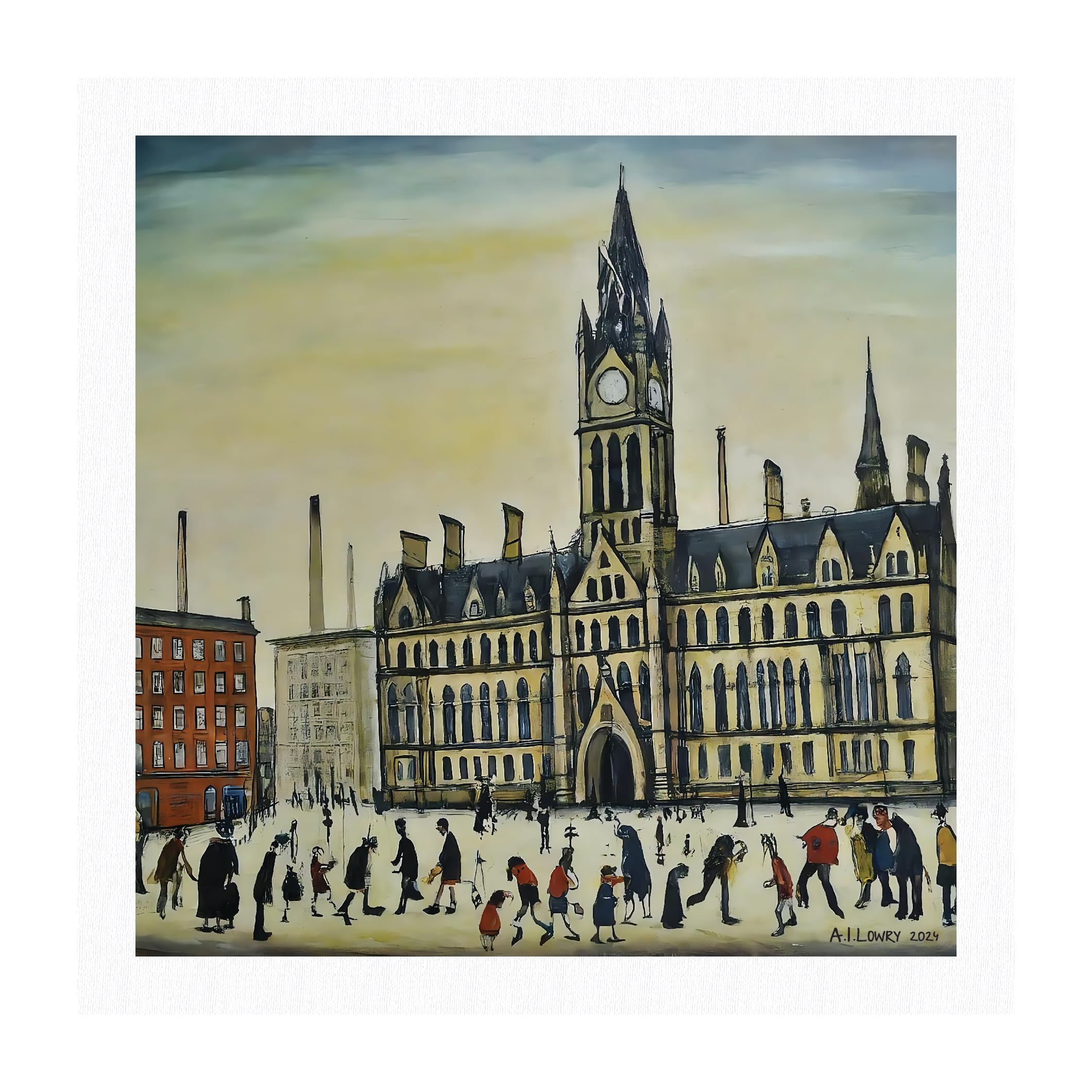 Greetingles Mixed Lowry Inspired Giclée Art Print 21Cm/8.25" Square. Made In Uk. (Manchester Town Hall)