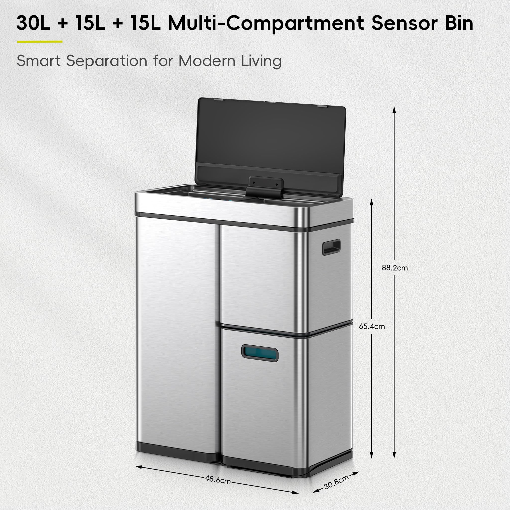 EKO Mirage Plus - Sistema de separación de basura con 3 compartimentos, 2 x 15 L y 30 L, con sensor, 3 cubos interiores de plástico, cubo de basura automático con tapa, cubo de basura grande de cocina