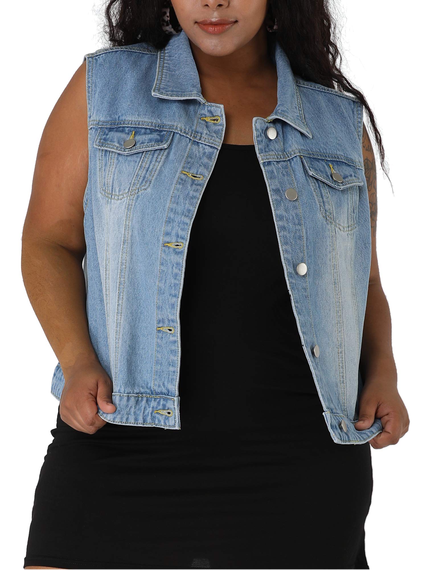 Chaleco de mezclilla uxcell plus size con dos bolsillos funcionales en pecho 8