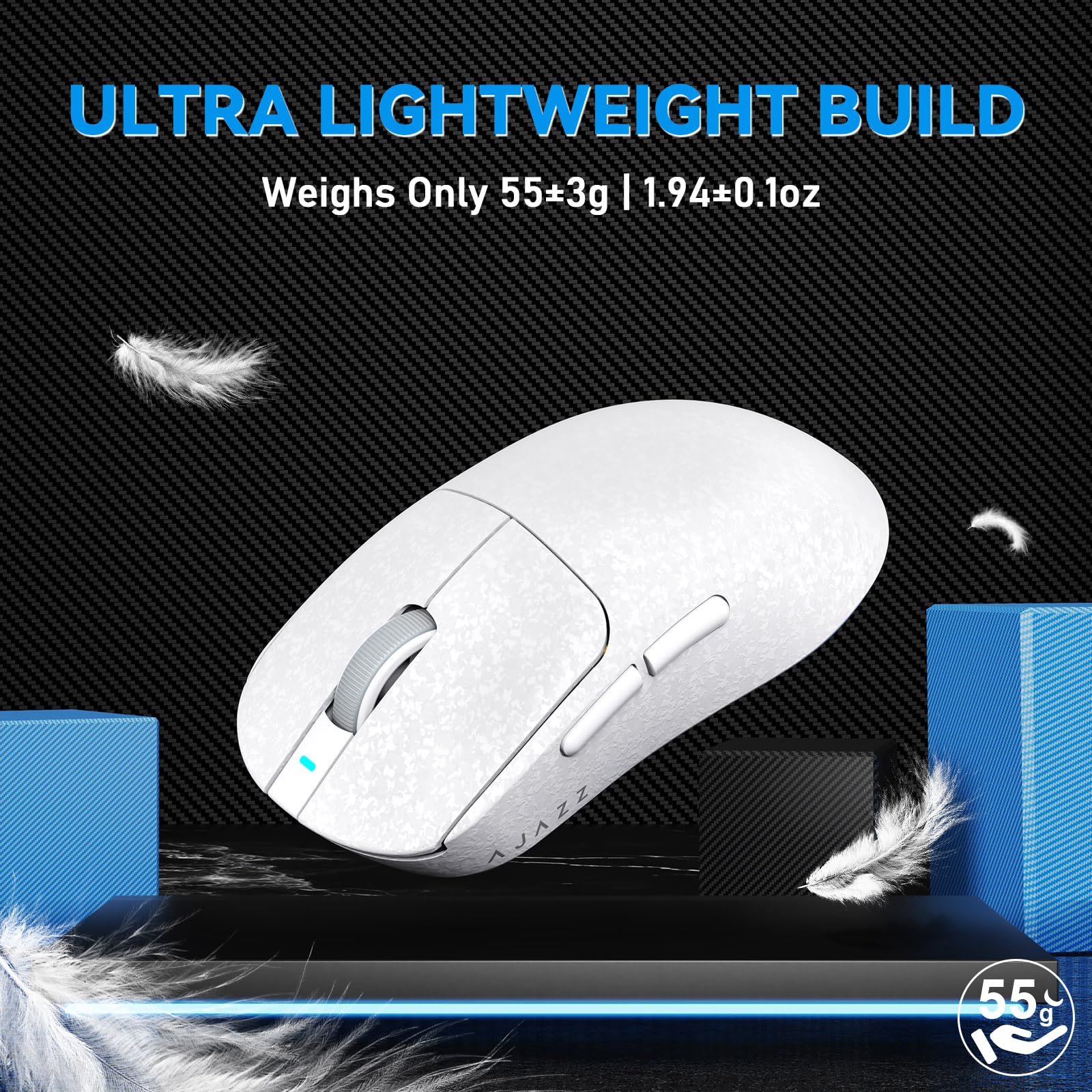A.JAZZ AJ199 Mouse da Gioco in Fibra Carbonio, Wireless 2.4G/BT/USB Cablato Tri-mode, Ultraleggero 55g, Sensore Ottico PixArt PAW3311 con 24K DPI e Polling 1K, Mice da Gamer per ufficio - Bianco
