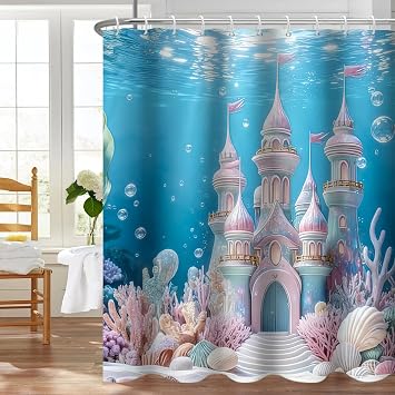 Summer Ocean Shower Curtain for Bathroom Under The Sea Shower Curtains with Pink Coral Princess Cute Bath Hotel Decor Waterproof Fabric with 12 Hooks 72 x 72 Inch