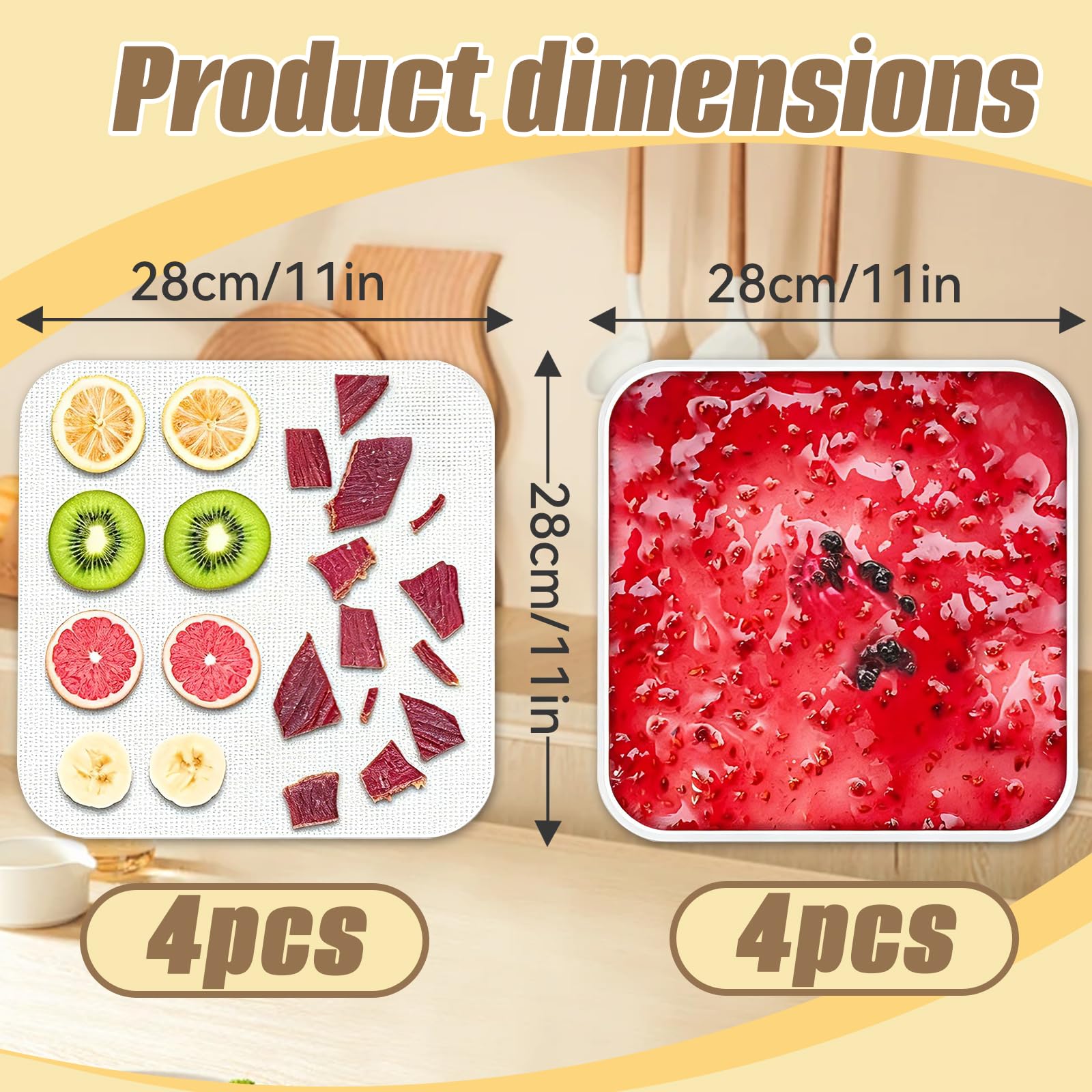 8 Pezzi Fogli Disidratatore in Silicone, 28 x 28 cm Pellicole Antiaderenti con Bordo, Riutilizzabili BPA-Free, Tappetini a Rete per Essiccatore di Frutta, Alimenti, Cottura al Forno