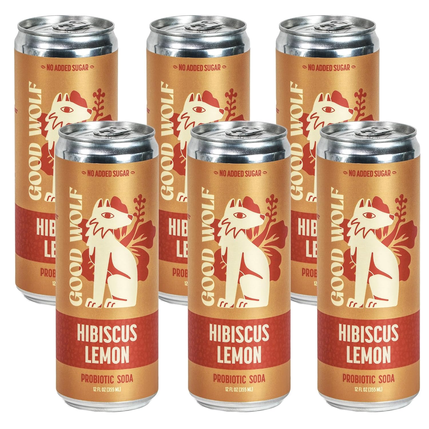 GOOD WOLF Hibiscus Lemon Probiotic Soda – Hibiscus & Lemon Juice, 2 Billion CFU, No Caffeine, No Added Sugar, Non-Alcoholic, Gluten-Free, Plant Based, Family Friendly, 12 fl oz (6 Pack)