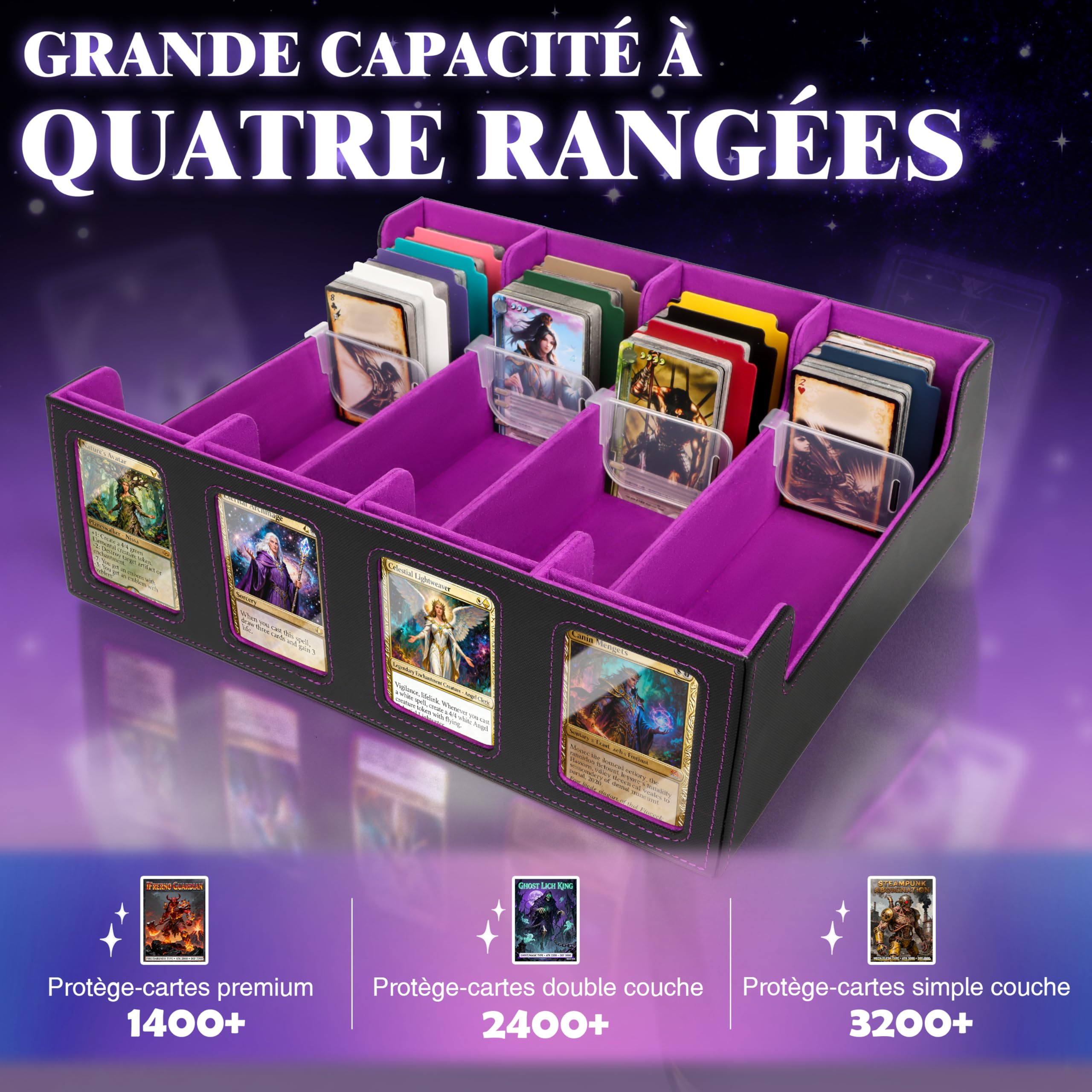 Charmofun Boîte Rangement Carte, Boîte à Cartes pour Plus de 2400+ Cartes Avec 10 Séparateurs, 4 Blocage et Plateau à Dés, Boîte à Rabat Magnétique Avec Cuir Pu et Poignée (Violet, 2400+)