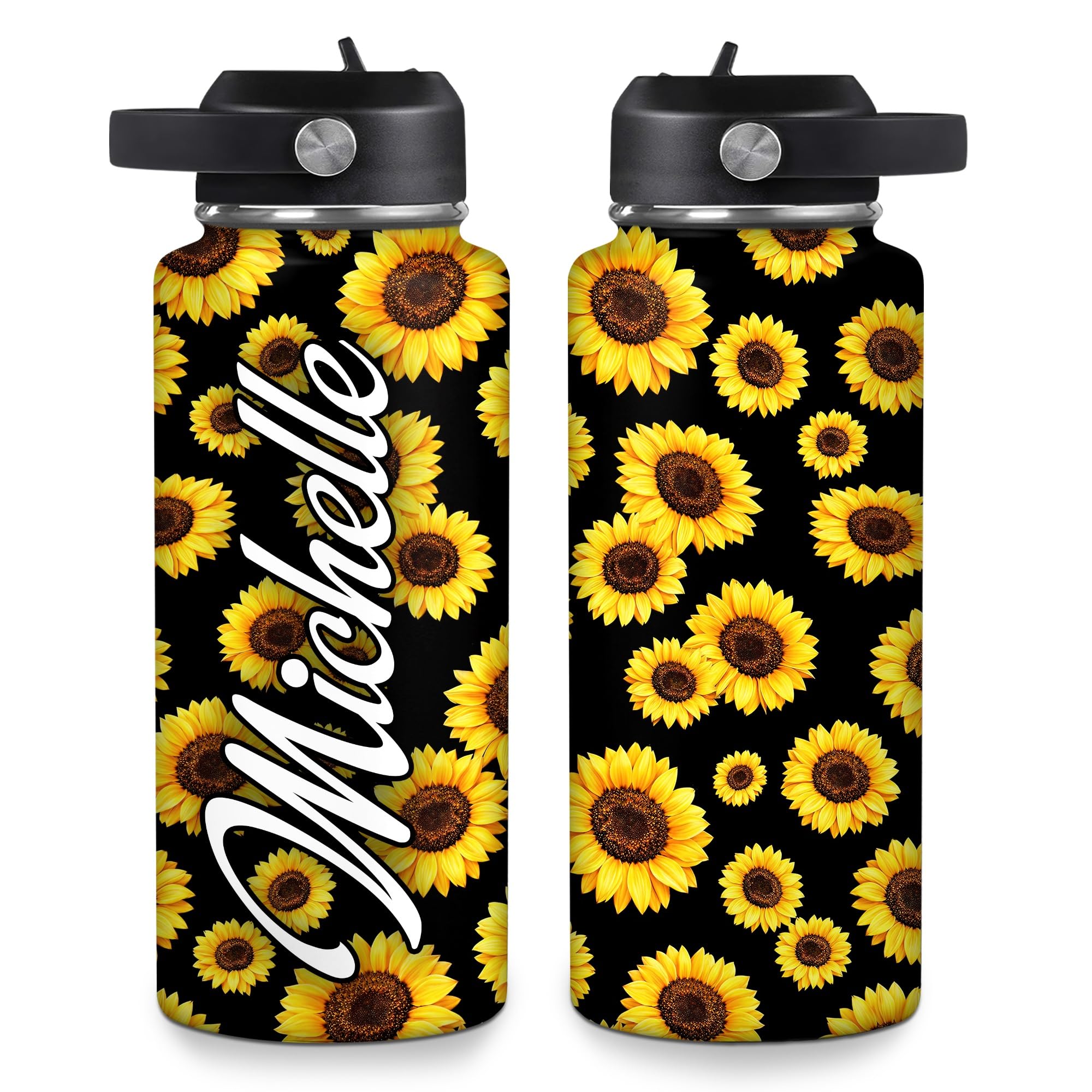 Hyturtle Personalized Sunflower Water Bottle - Travel Insulated Stainless Steel Bottle with Leak-Proof Lid 18 oz 32 oz - Sunflower Gifts for Women,