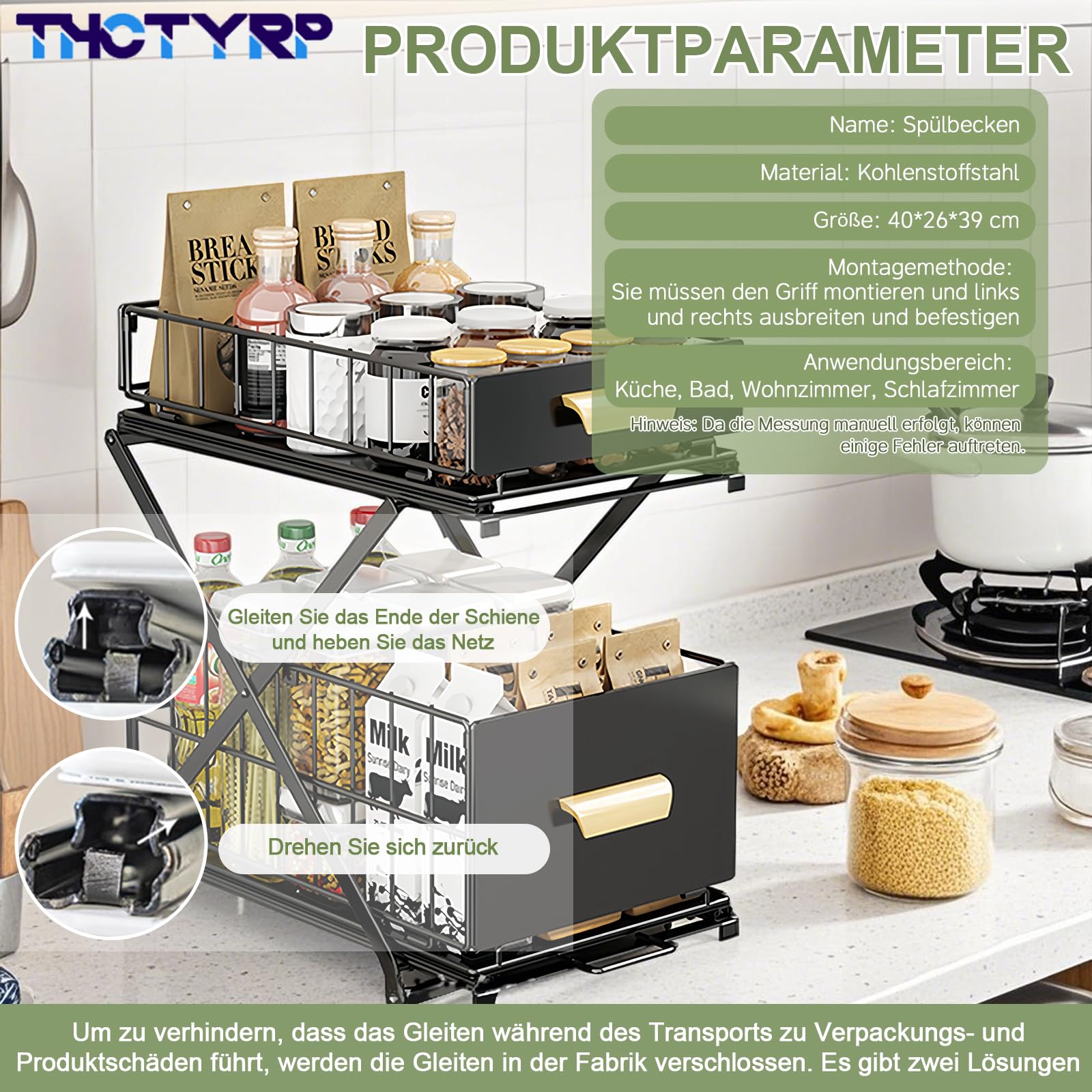 Gewürzregal, 2 Etagen Standregal Küche Arbeitsplatte Regal Organizer 40x26x39cm Ausziehbarer Organizer ohne Montage Stauraum für Gewürze & Flaschen（Schwarz）