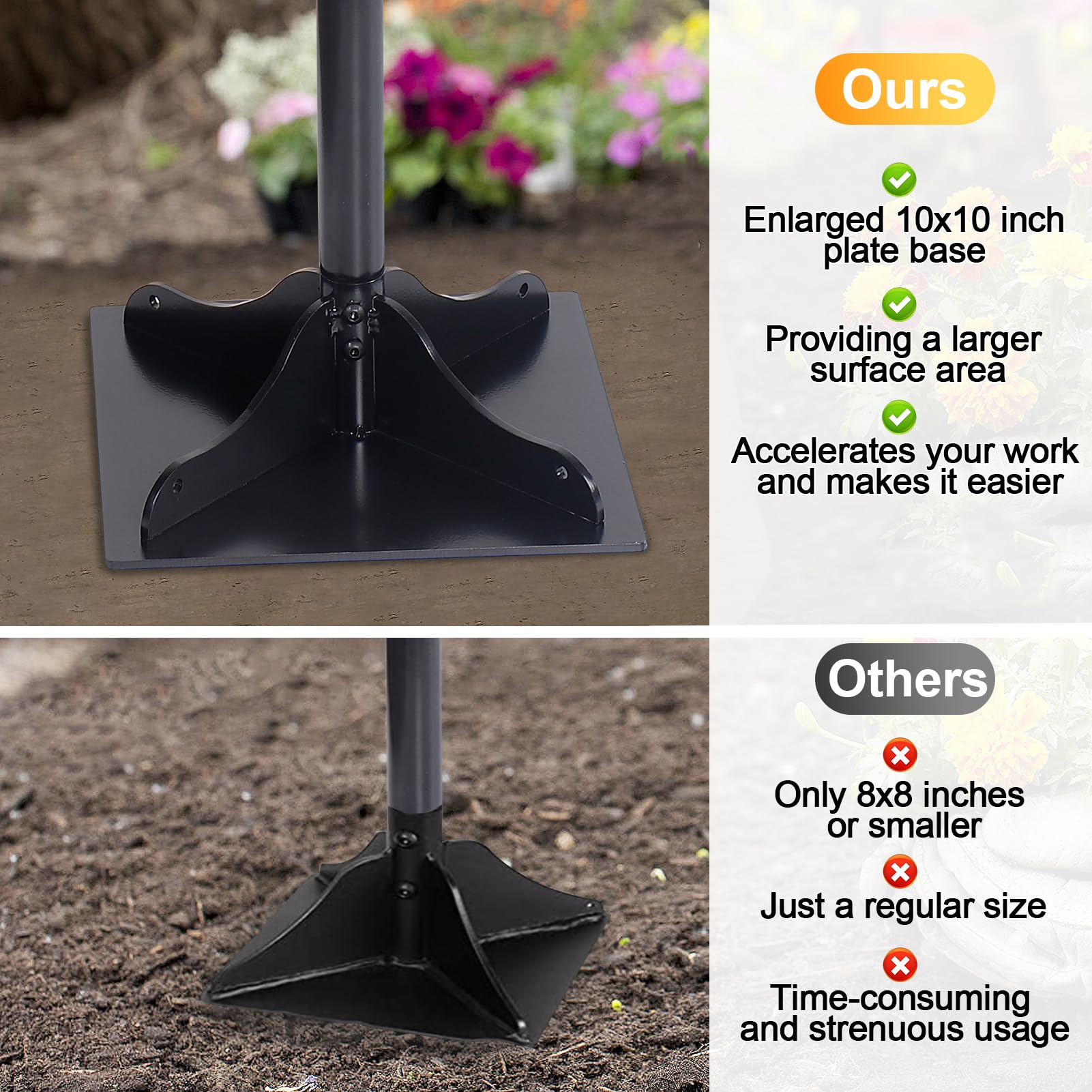 Heavy-Duty Steel Tamper, 10x10 Inches Hand Soil Tamper Tool Landscaping for Ground & Gravel Leveling - Ergonomic Tamper Design, 48 Inches Total