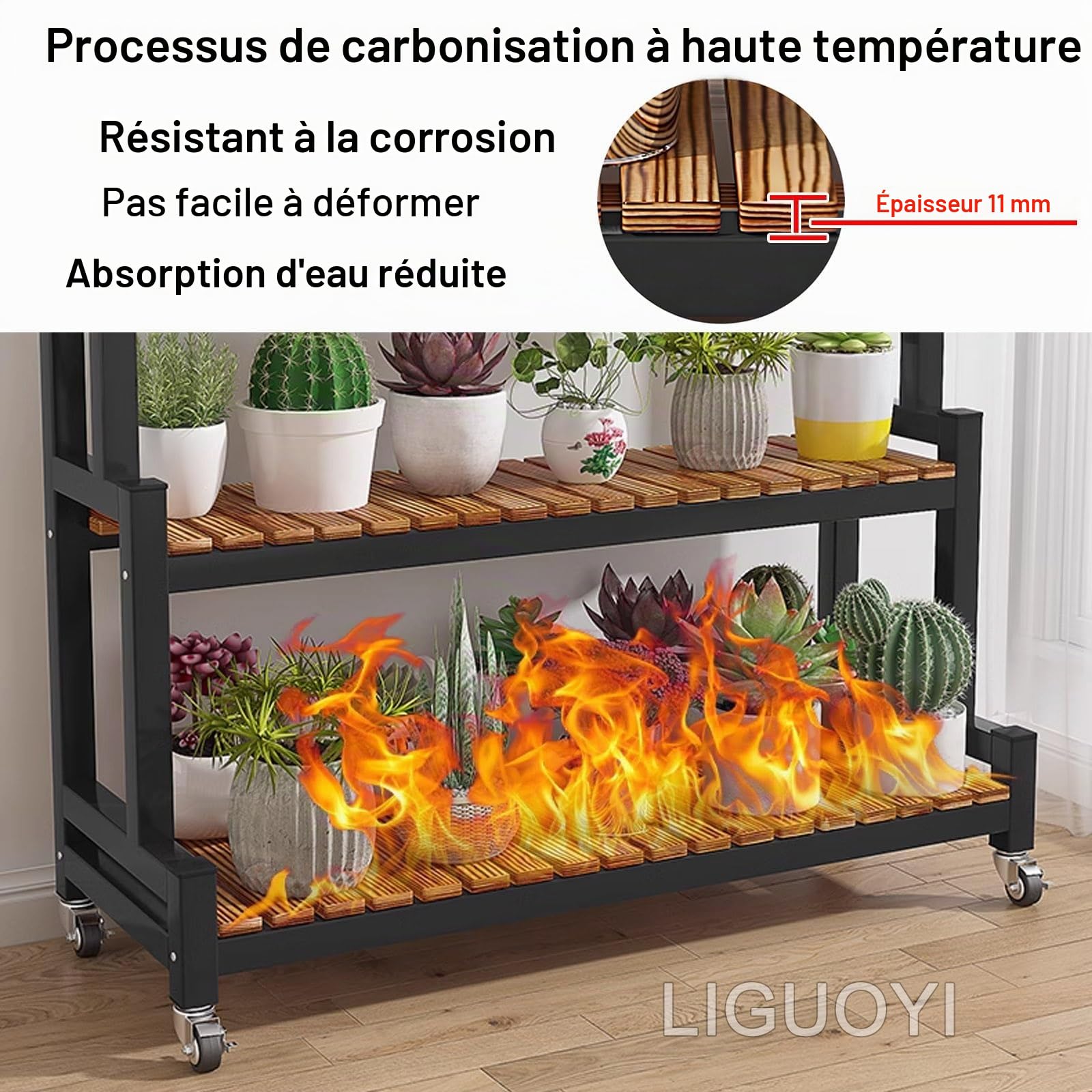 LIGUOYI Étagère À Plantes Métal Étagère À Fleurs, Banc À Fleurs À Échelle 2 Niveaux 3 Niveaux Etagère Plantes avec roulettes, Gain D'espace Porte Plantes pour Intérieur Ou Extérieur Jardin Balcon