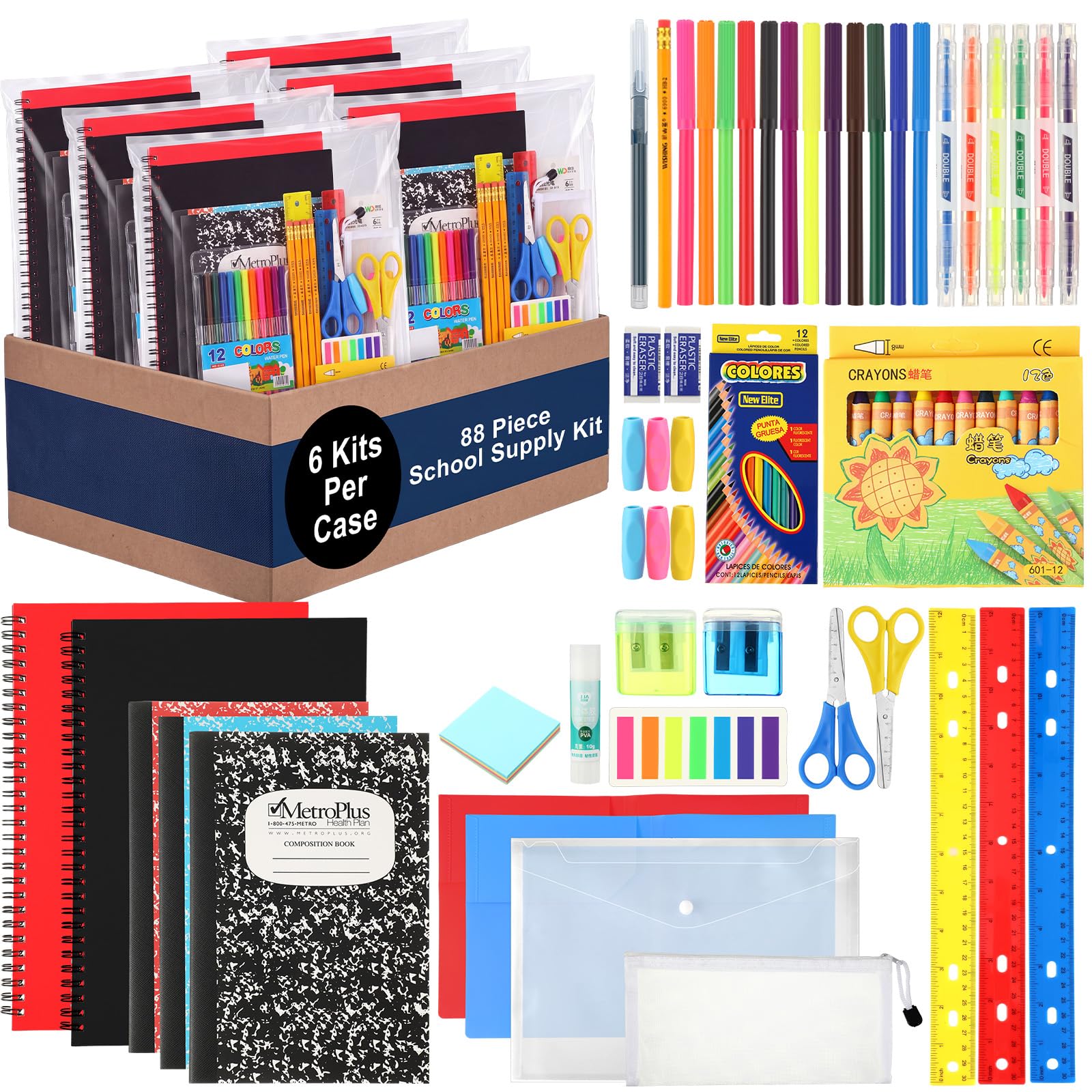 Gilprop 6 set di forniture scolastiche 88 pezzi forniture per il rientro a scuola per studenti forniture essenziali kit pacchetto include matita, quaderno, righello, colla, forbici, note appiccicose