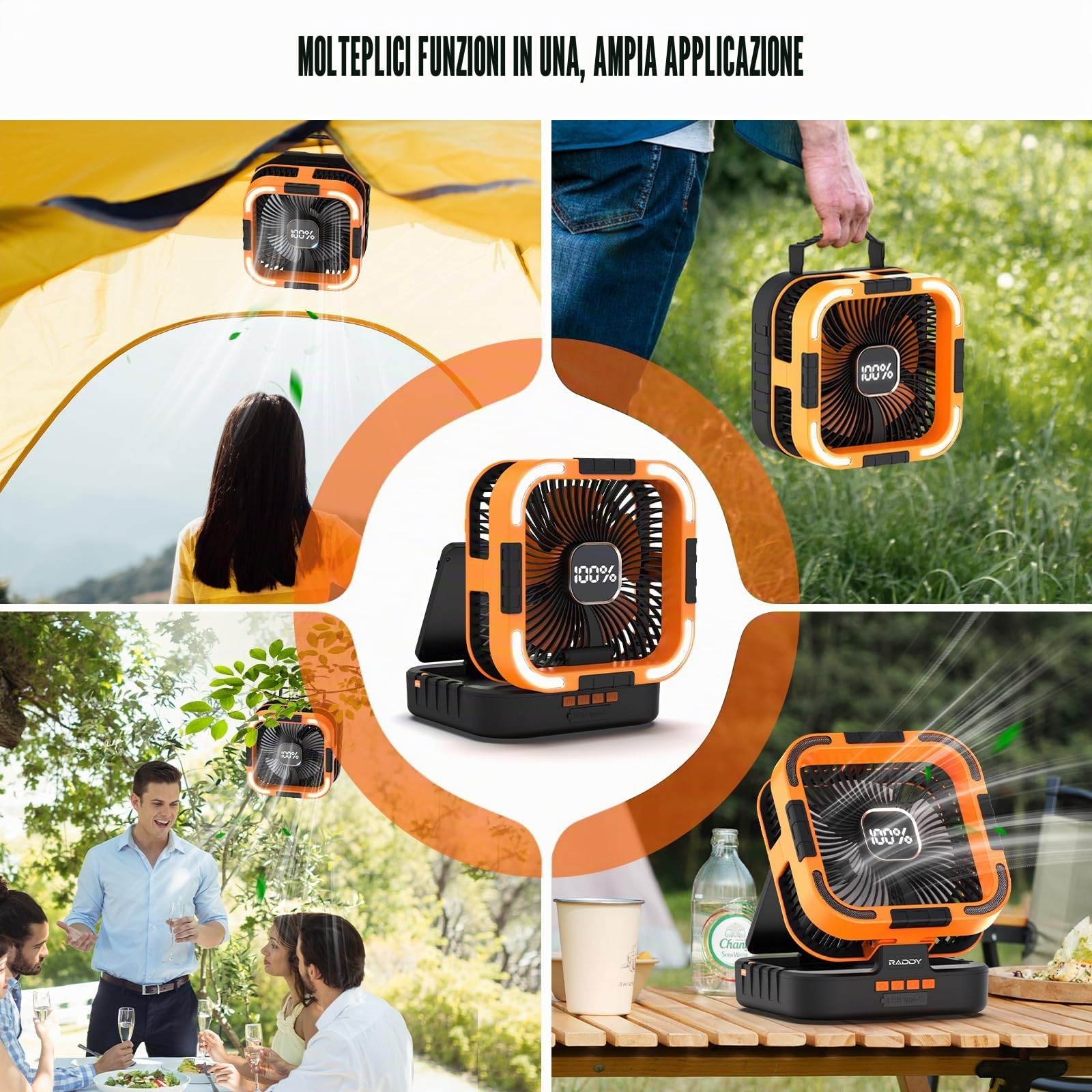 Raddy CF3 Ventilatore da campeggio ricaricabile 20.000 mAh, portatile, batteria integrata, pannello solare 3 W, USB, luce LED, 6 velocità, oscillazione 90°, tenda, BBQ, outdoor & emergenze, arancione