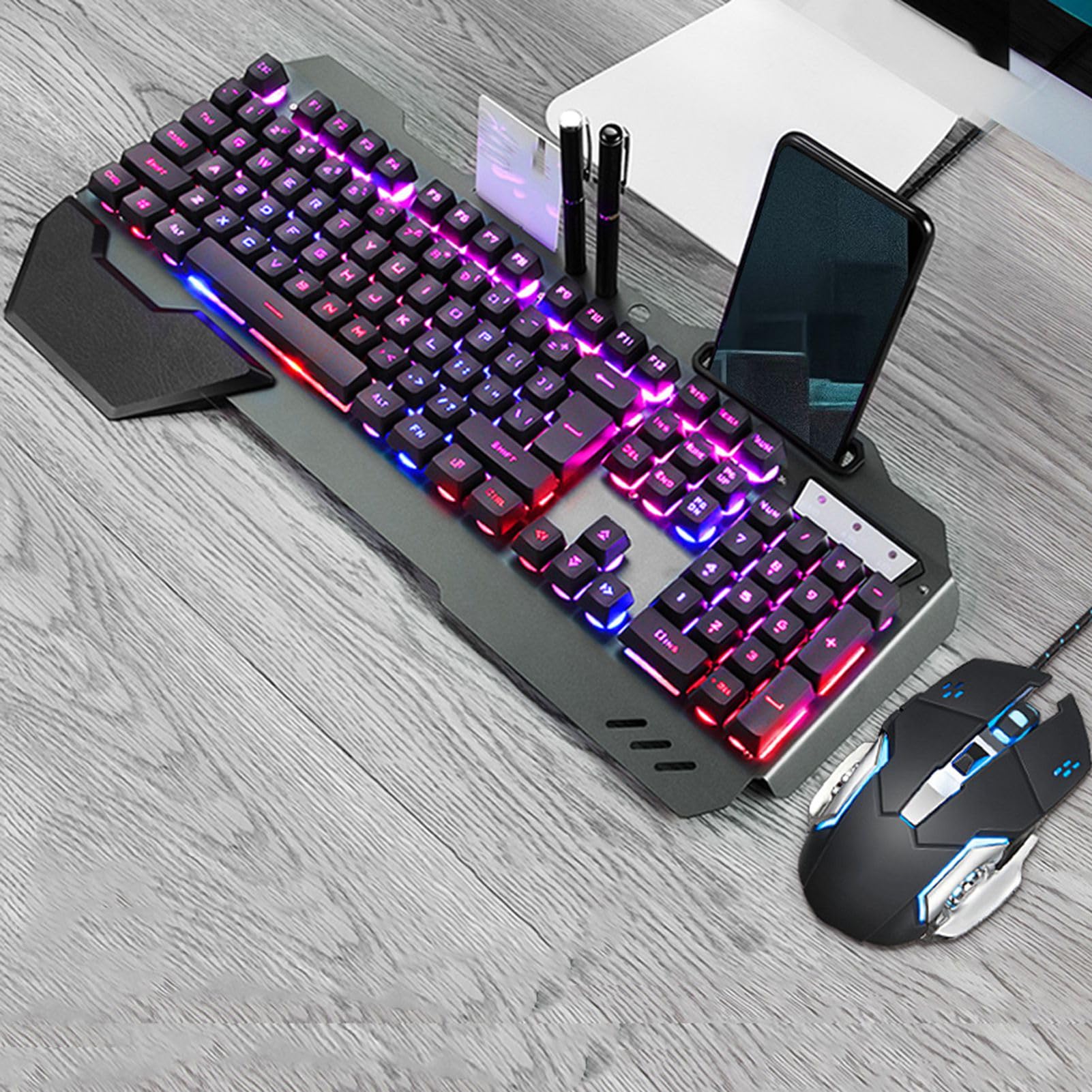 Zestaw do klawiatury i myszki, RGB Rainbow Light, z kartą rozszerzającą, do komputerów stacjonarnych, komputerów, laptopów, czarny