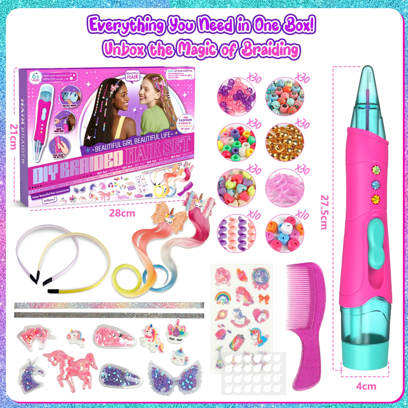 Fozcmisw Regalo Bambine 5 6 7 8 9 Anni – Set Accessori per Capelli Bambine con Macchina per Intrecciare Capelli, Perline per Capelli Fai da Te e Aiuto per Trecce, Cerchietto Unicorno e Fermagli per