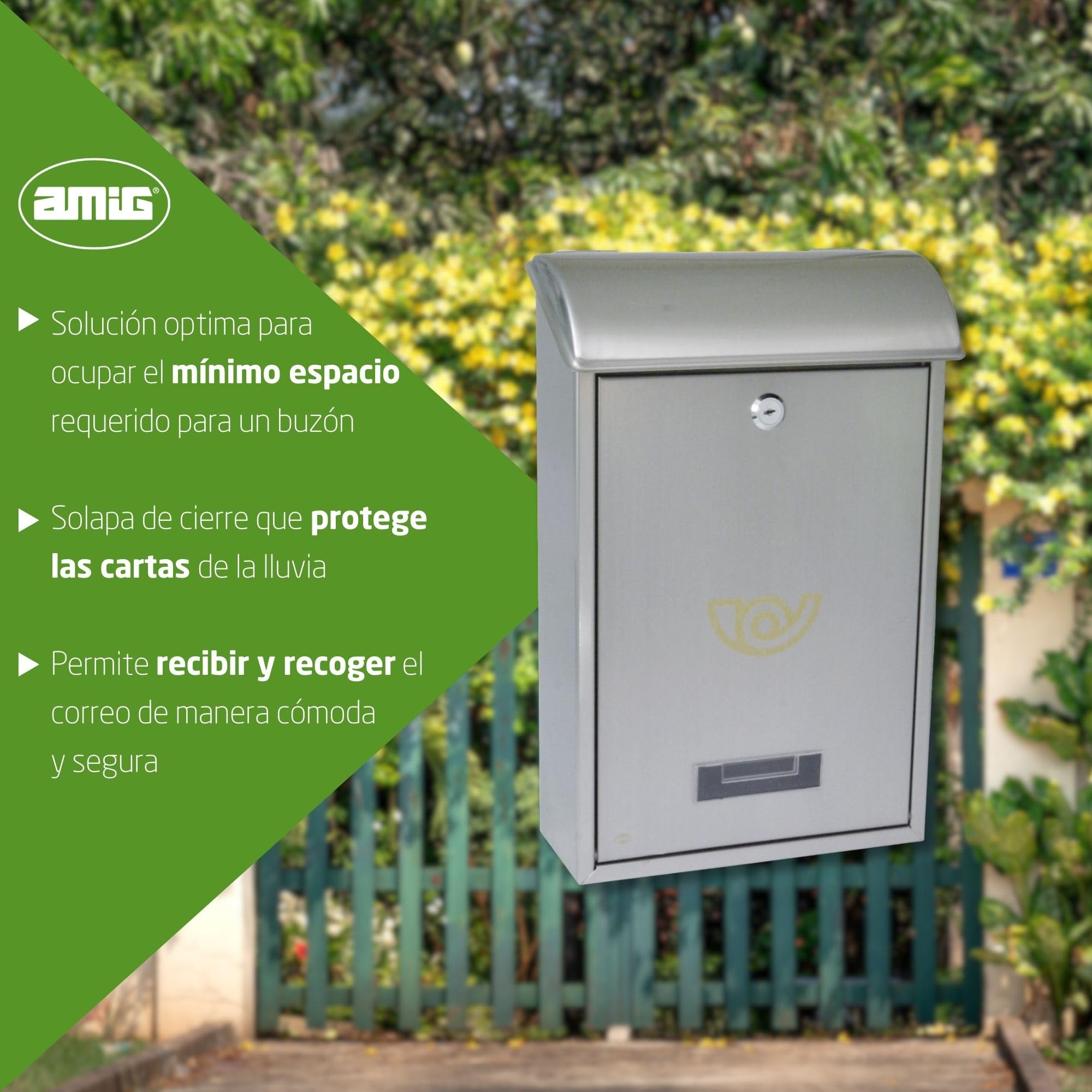 Amig - Buzón Exterior de Pared - Tamaño Compacto para DIN A4 - Apertura Frontal con Cerradura - Acero Inoxidable - Resistente a la corrosión - Fácil de Instalar en Puertas o Verjas - 40 x 24 x 8 cm
