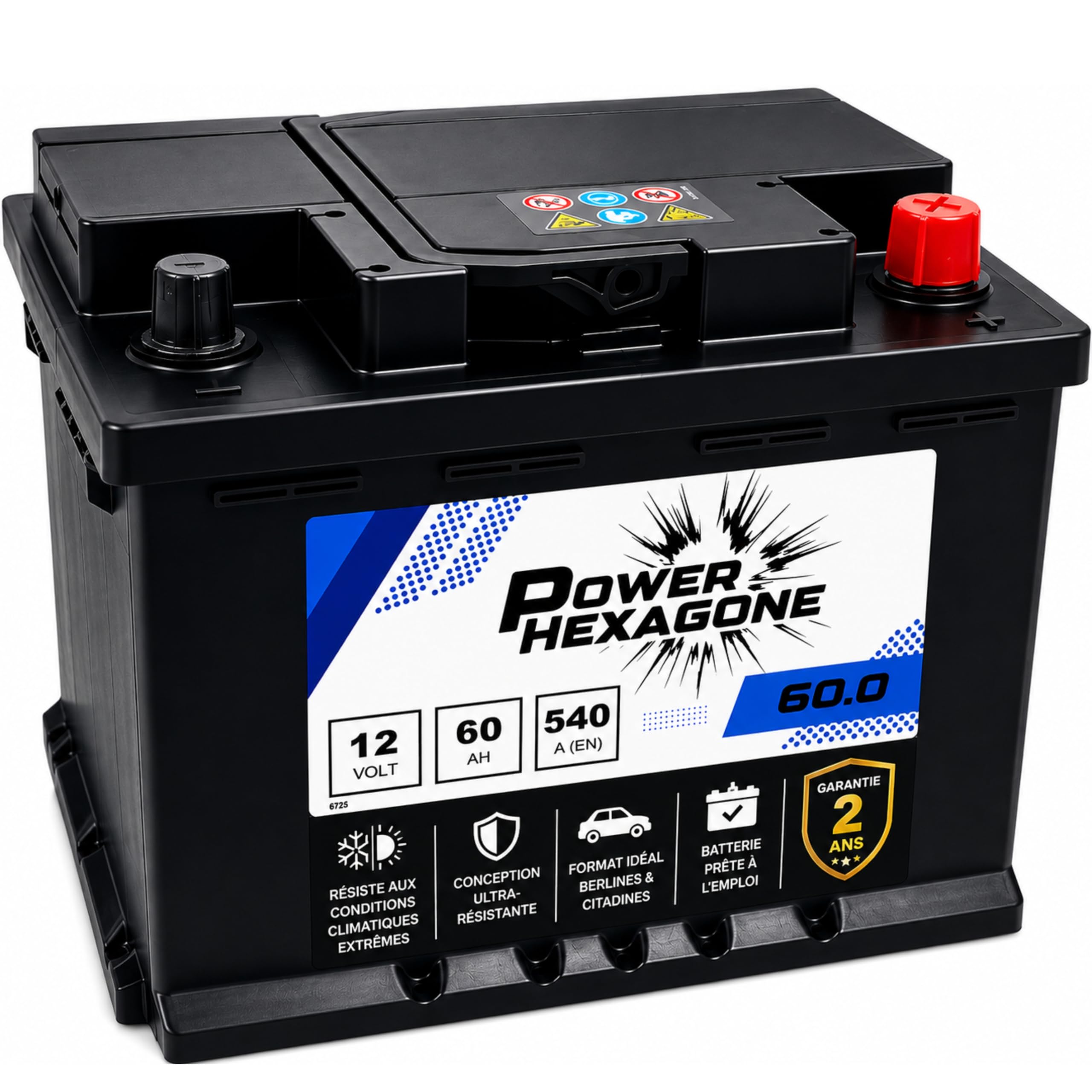 Batterie Voiture 12V 60Ah L2 - Démarrage 540A - Qualité équivalente Origine - Batterie Auto Sans Entretien - Prête à l’emploi - Compatible Engins et Véhicules légers - Power Hexagone