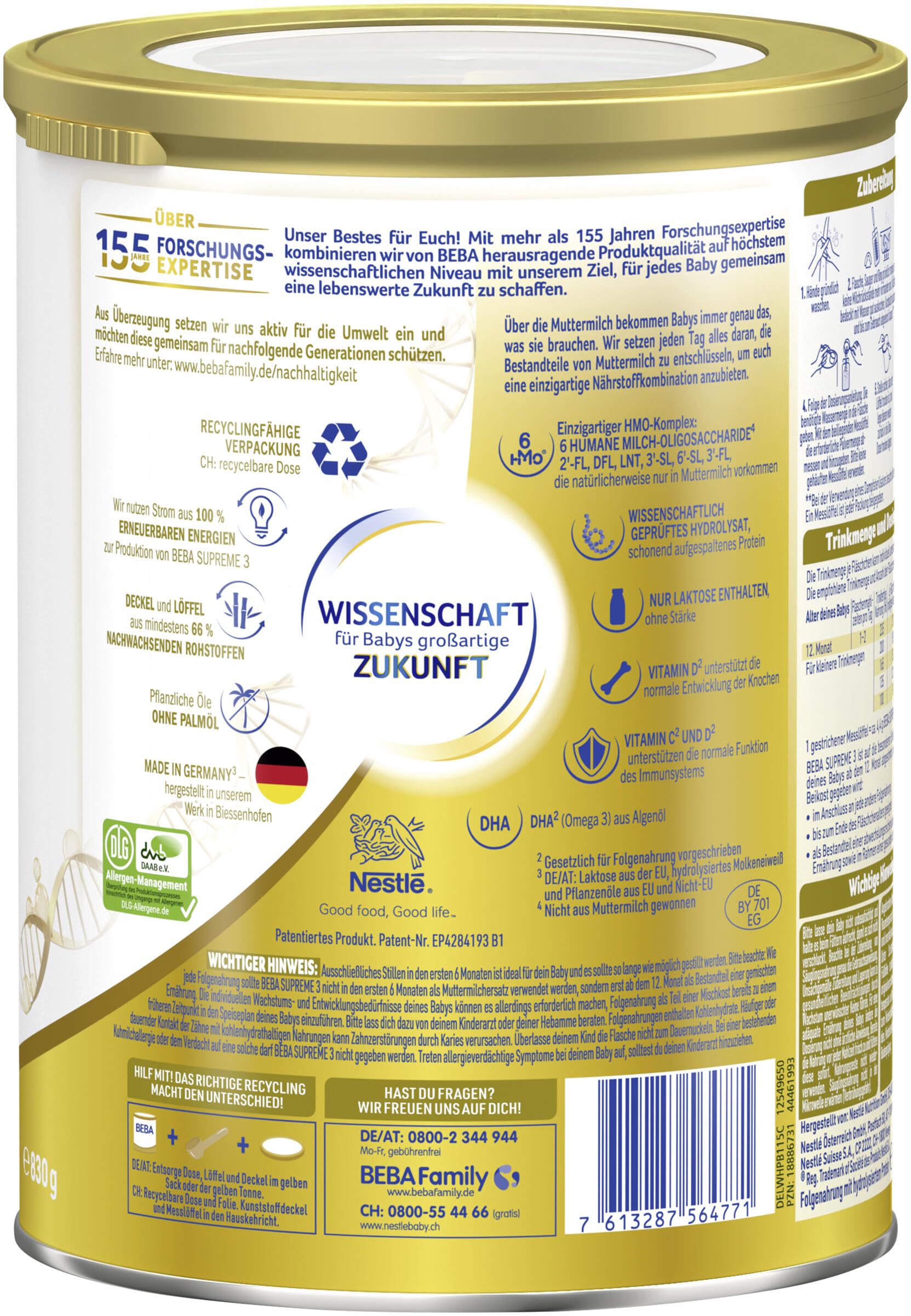 BEBA SUPREME 3 Folgemilch ab dem 12 Monat, Babynahrung mit 6 HMO Komplex, nur Laktose, ohne Palmöl, 6er Pack (6 x 830g)