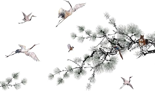 Miniatura 8 de Calcomanías creativas de pared de árbol de pino verde, ramas de árbol blanco, calcomanías de pared de grúa blanca, bricolaje, extraíble, estilo