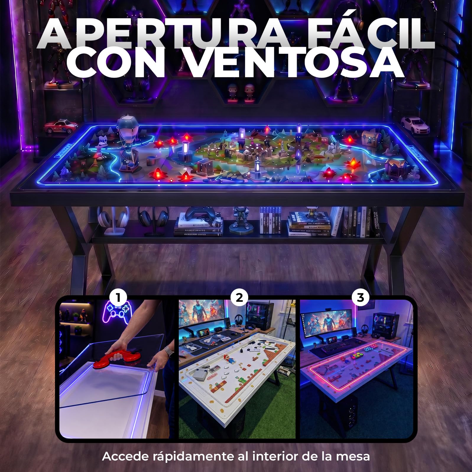 Escritorio Mesa Escritorio Elevable o Fijo Gamer Con Iluminacion Led Superficie PERSONALIZA TU MISMO LA TEMATICA Estructura Metalica Altura Ergonómica Configuración Juvenil BLANCO O NEGRO 160x60