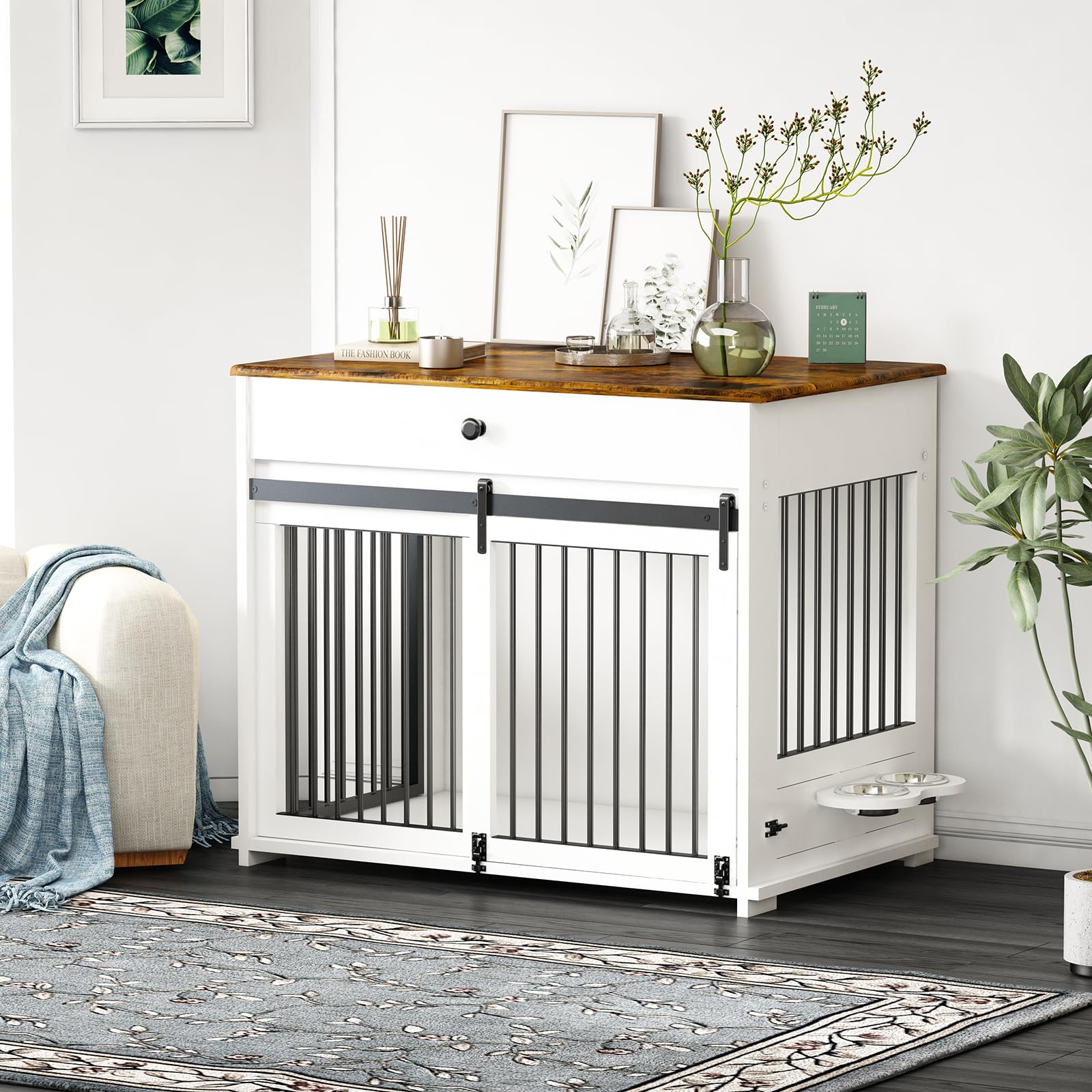 DAWNYIELD Large Dog Crate, Kennel Style Furniture with Sliding Doors, Wooden Indoor Kennel with Drawer, Dog House with Lock and 360° Rotating Bowl White