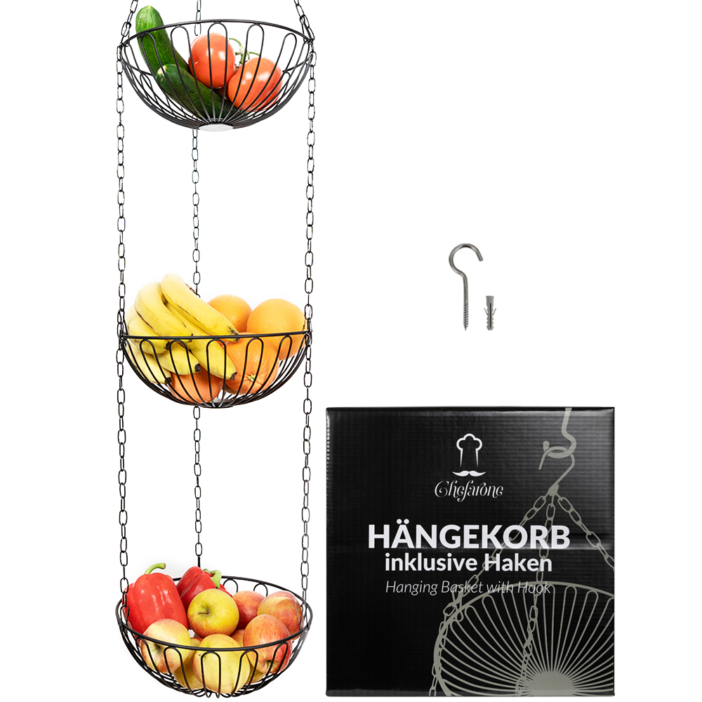 Chefarone Fruit Etagère 3 Laags - Fruitschaal zwart - Fruitmand metaal