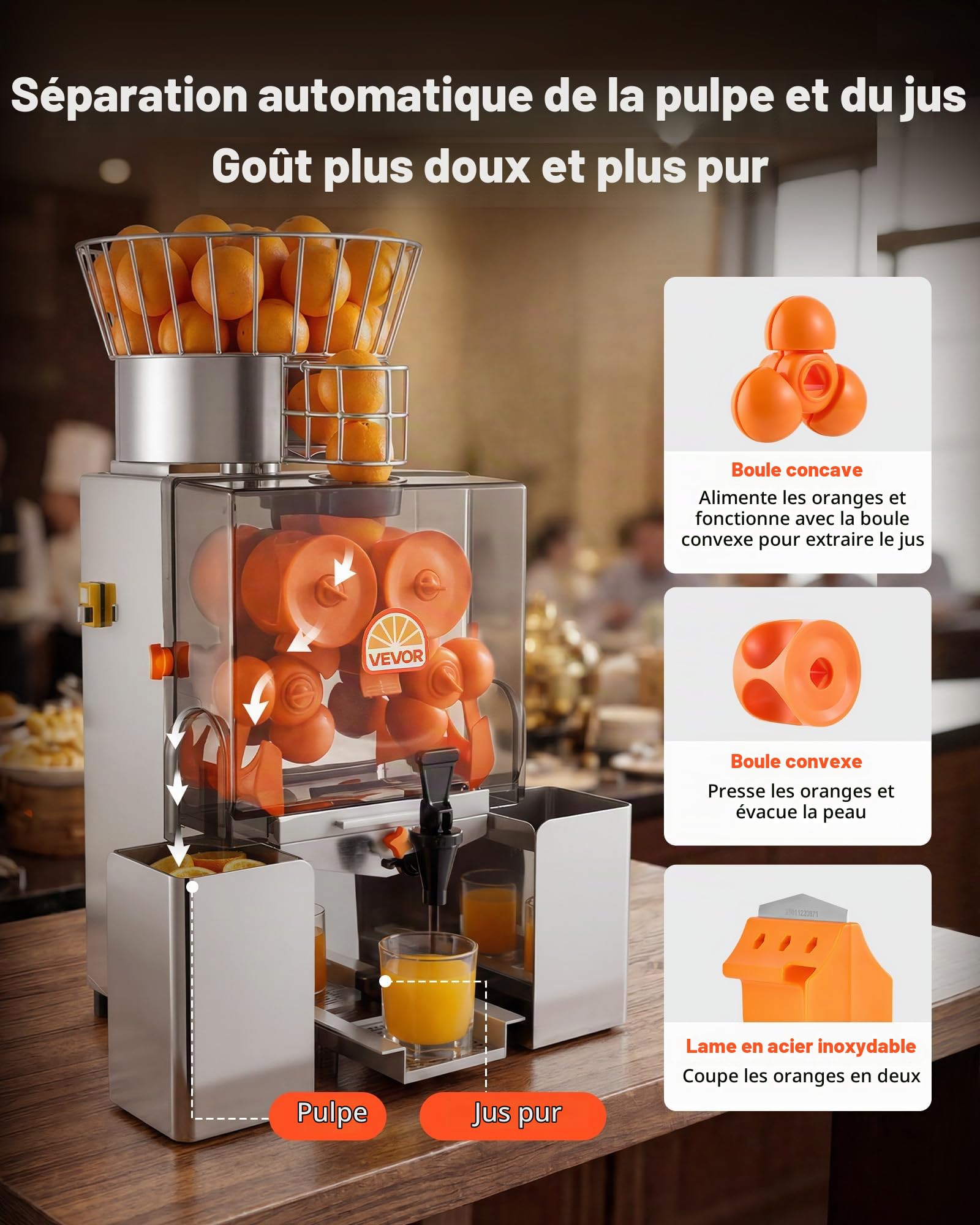 VEVOR Presse Agrumes Professionnel Extracteur de Jus Automatique en Inox, Pour Bar à Jus Restaurant Supermarché, Presse Orange Électrique 120 W, Rendement Élevé 20 Oranges/min, Avec Bacs et Robinet